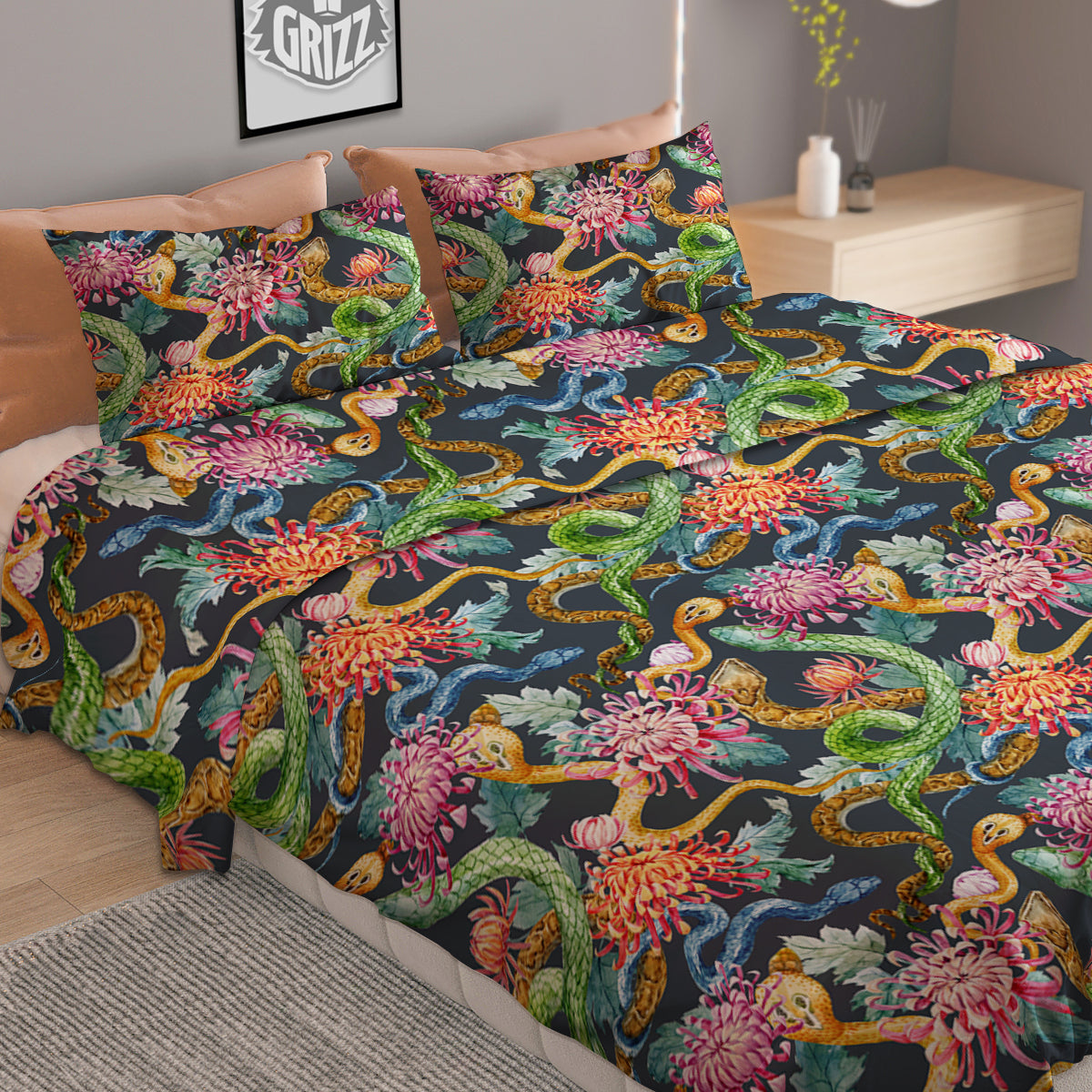 Watercolor Snake Chrysanthemum Flowers Print Pattern Duvet Cover Bedding Set