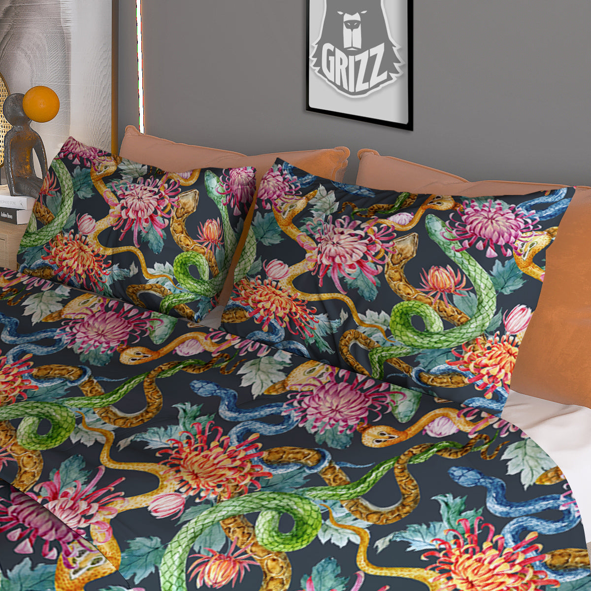 Watercolor Snake Chrysanthemum Flowers Print Pattern Duvet Cover Bedding Set