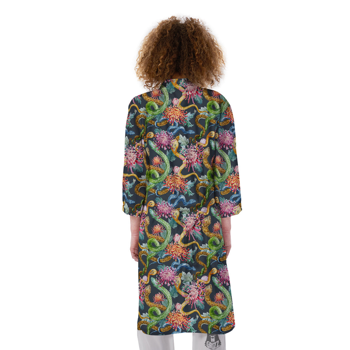 Watercolor Snake Chrysanthemum Flowers Print Pattern Kimono-grizzshop