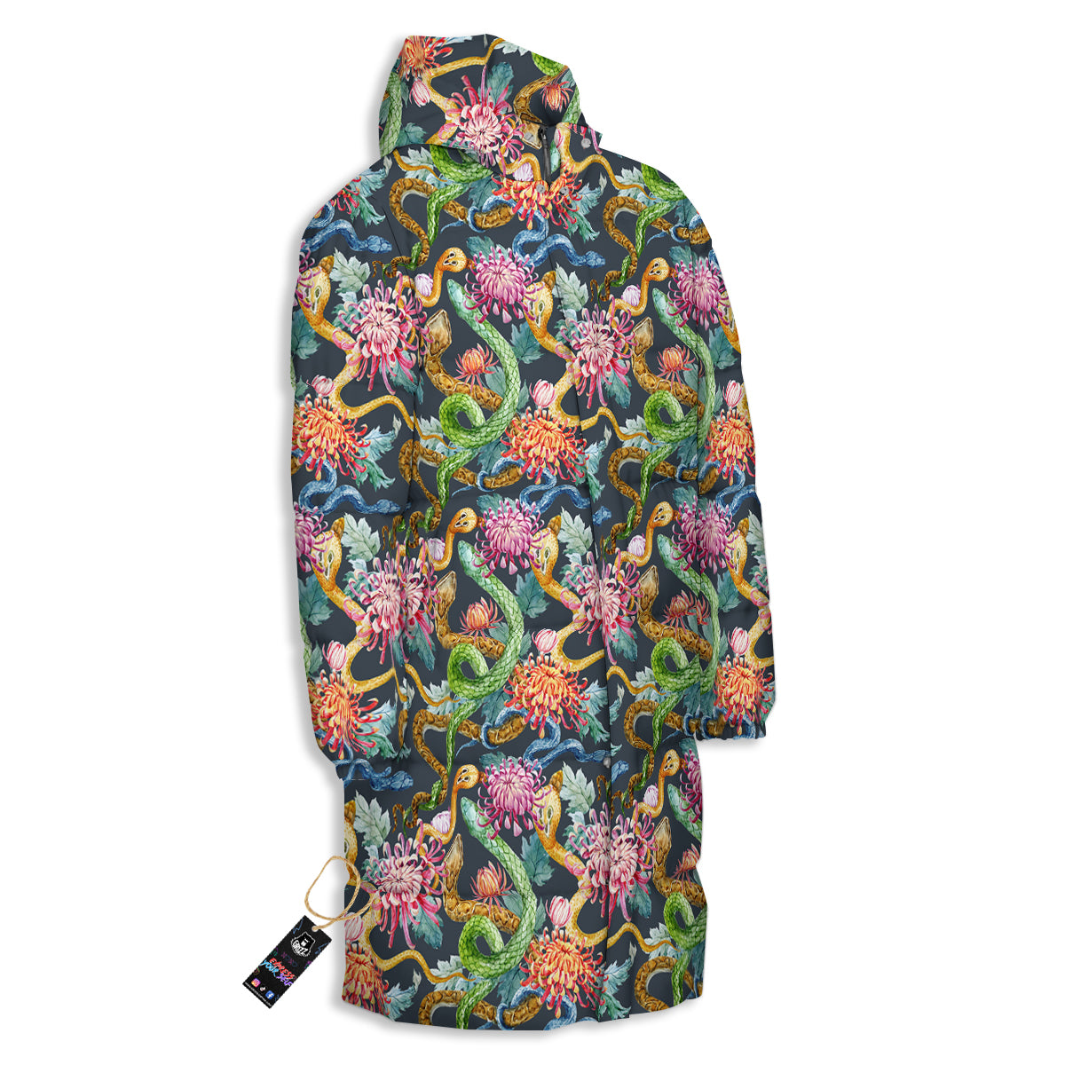 Watercolor Snake Chrysanthemum Flowers Print Pattern Long Down Jacket-grizzshop