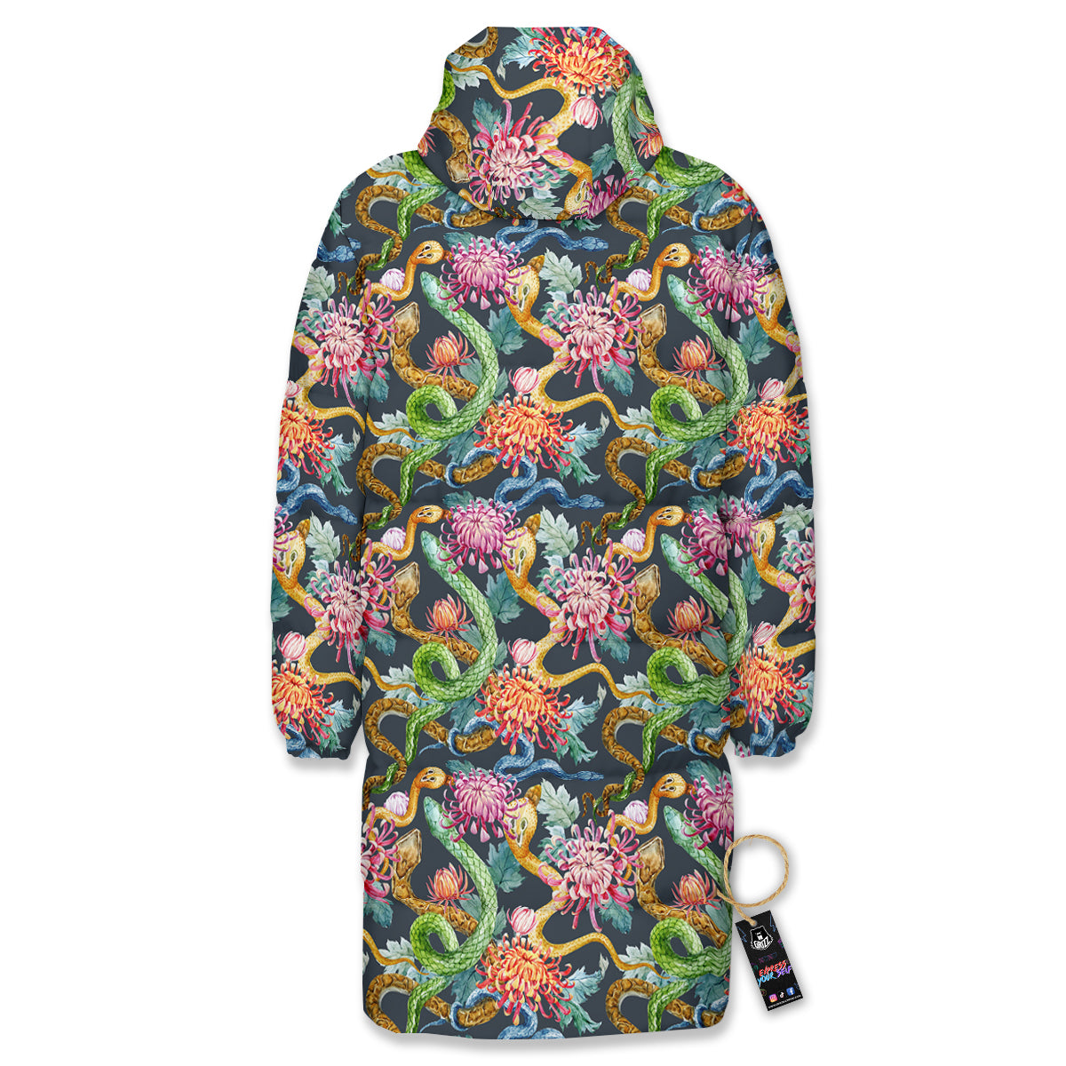 Watercolor Snake Chrysanthemum Flowers Print Pattern Long Down Jacket-grizzshop