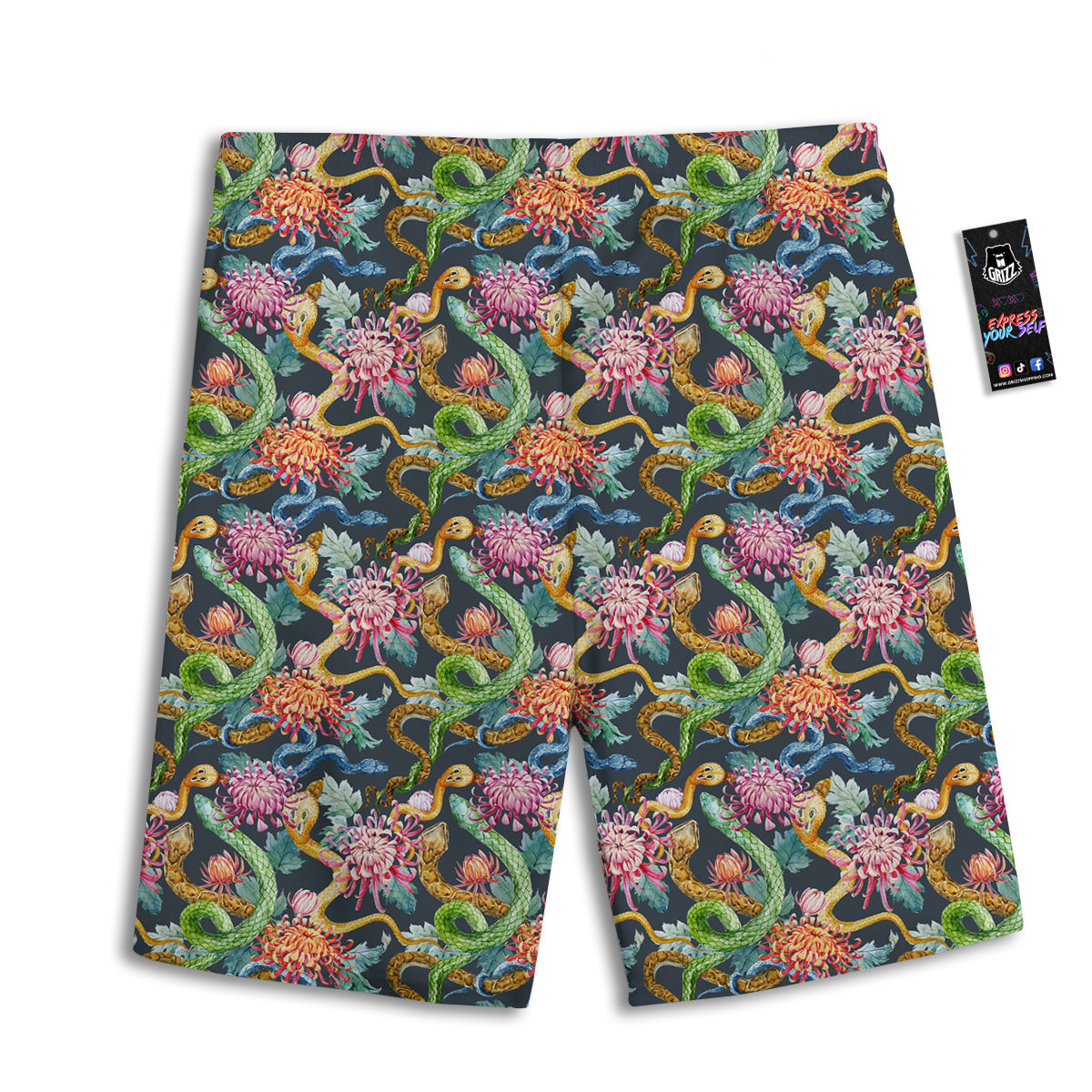 Watercolor Snake Chrysanthemum Flowers Print Pattern Men's Athletic Shorts
