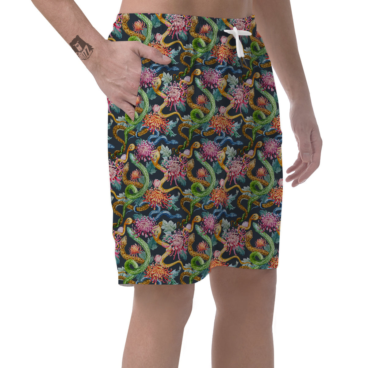 Watercolor Snake Chrysanthemum Flowers Print Pattern Men's Shorts-grizzshop