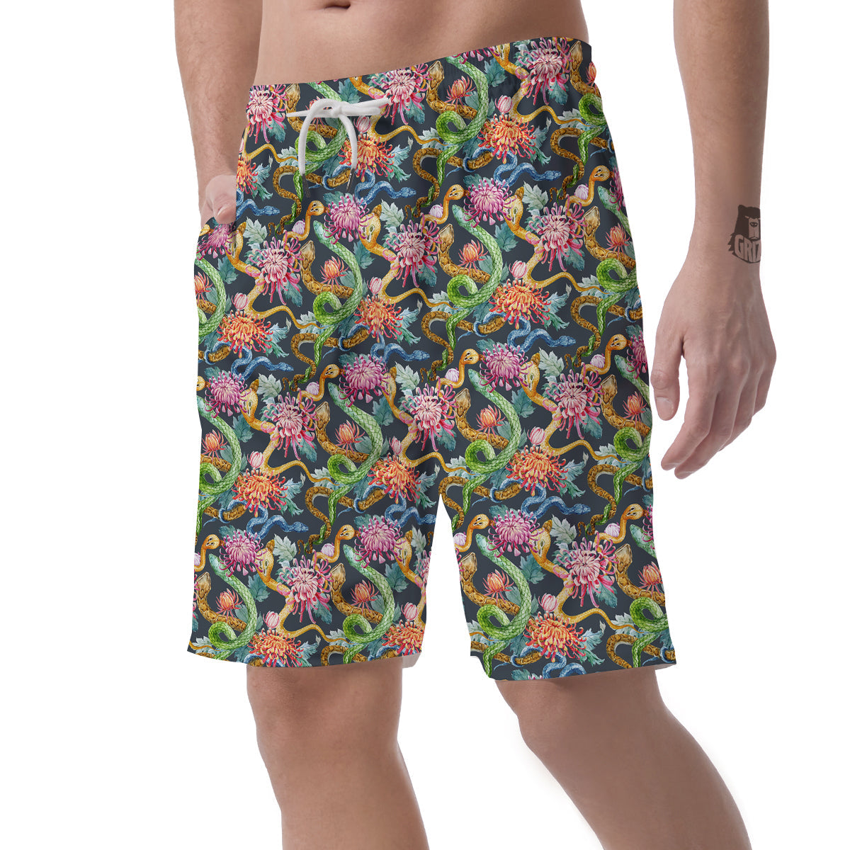 Watercolor Snake Chrysanthemum Flowers Print Pattern Men's Shorts-grizzshop