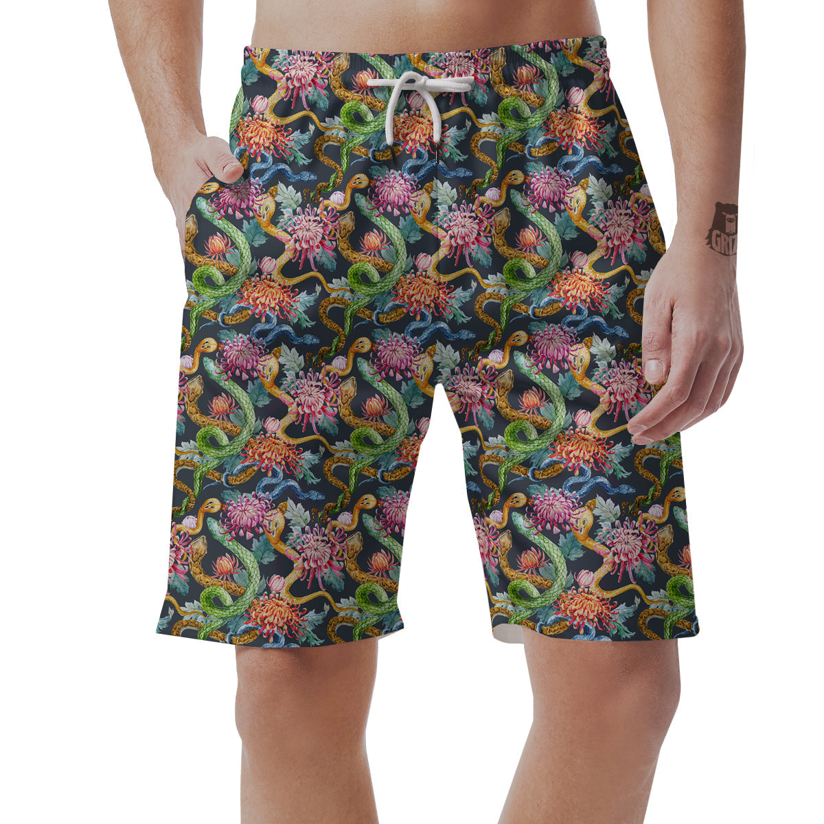 Watercolor Snake Chrysanthemum Flowers Print Pattern Men's Shorts-grizzshop