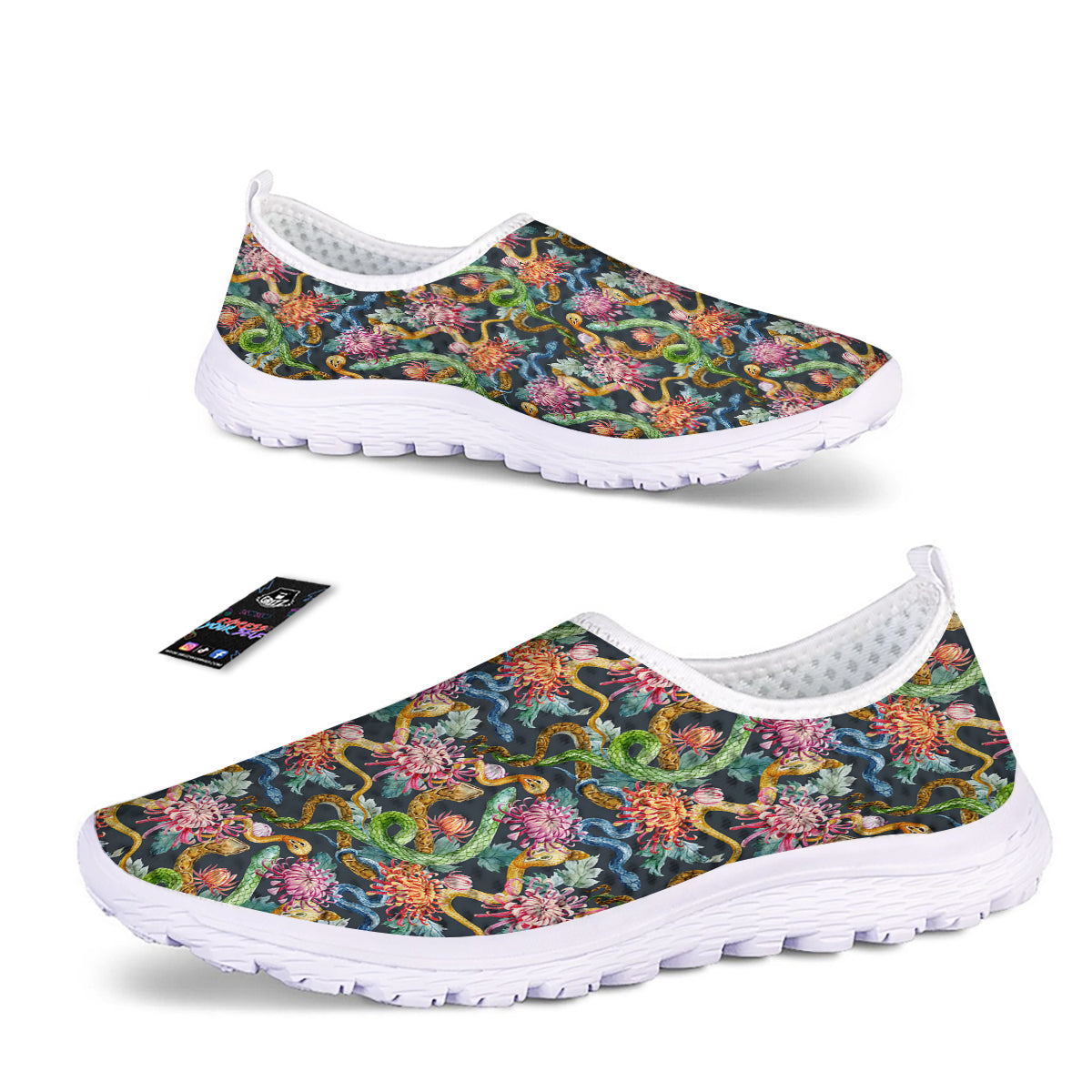 Watercolor Snake Chrysanthemum Flowers Print Pattern Nurse Shoes-grizzshop