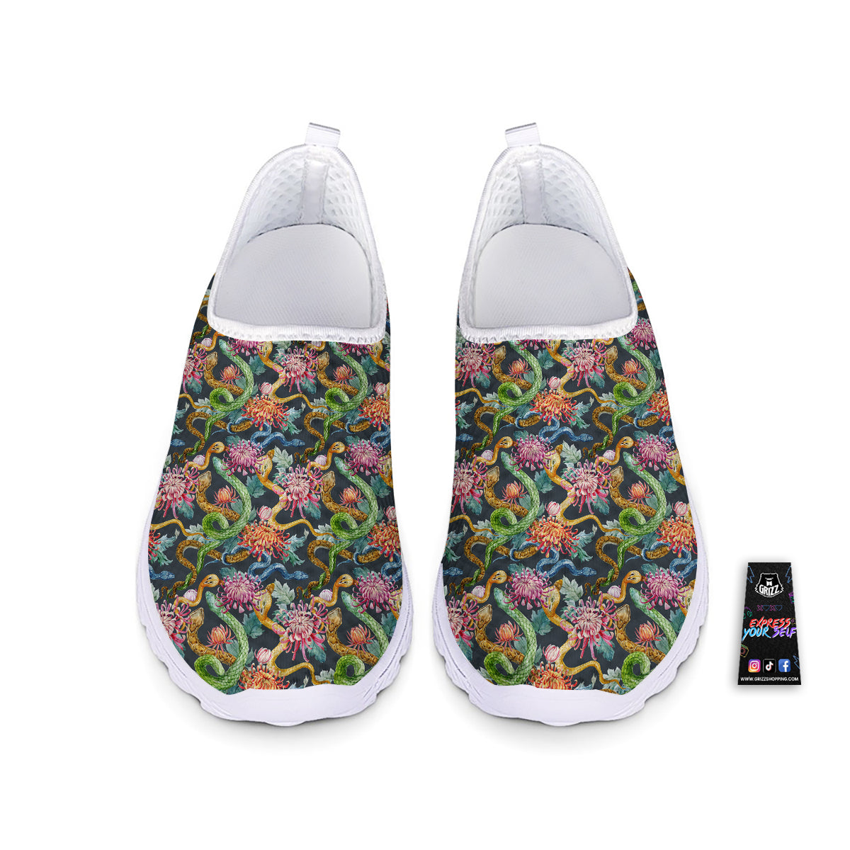 Watercolor Snake Chrysanthemum Flowers Print Pattern Nurse Shoes-grizzshop