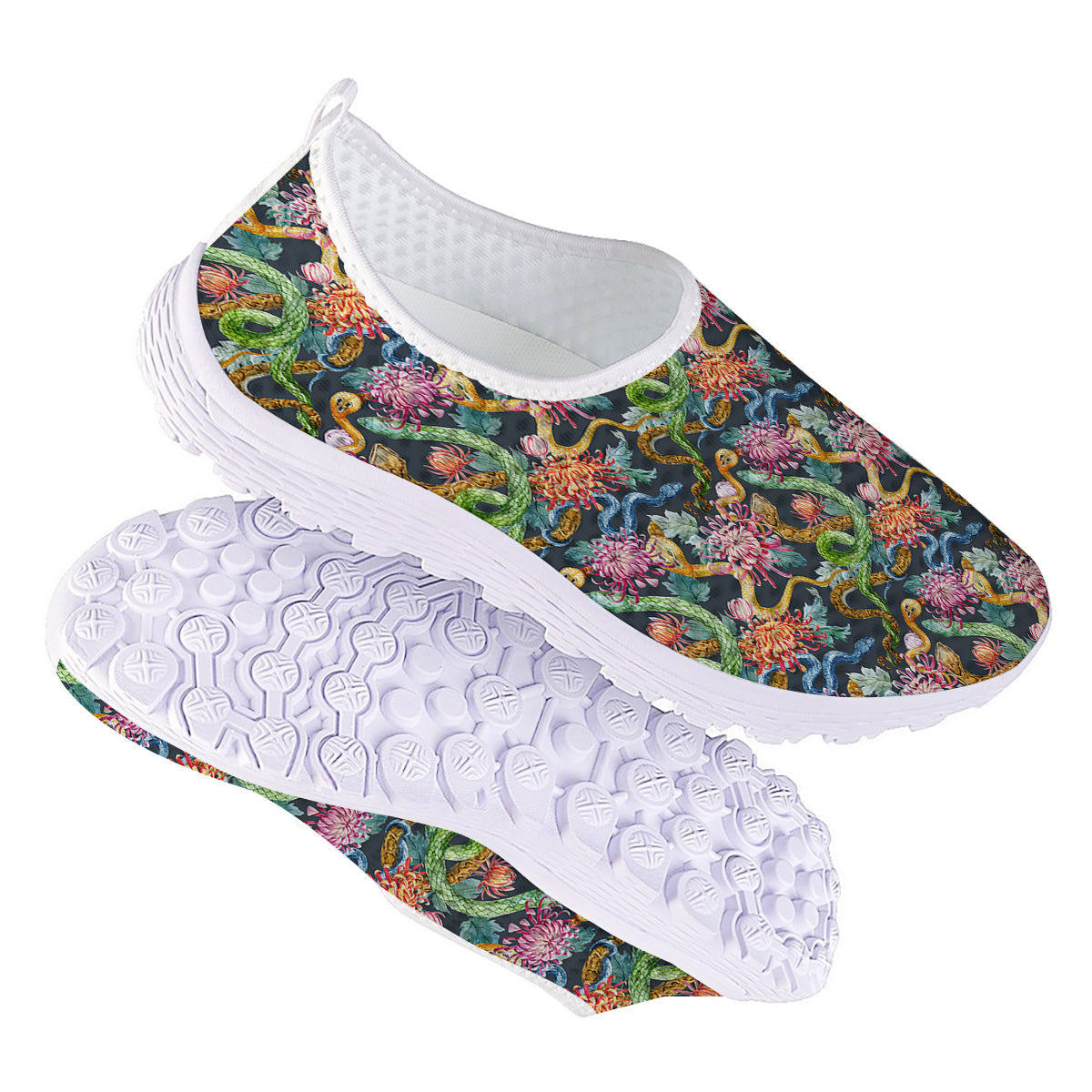 Watercolor Snake Chrysanthemum Flowers Print Pattern Nurse Shoes-grizzshop