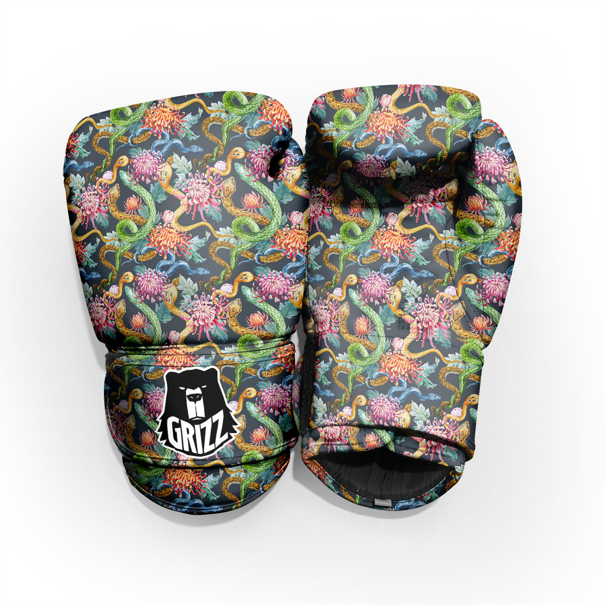 Watercolor Snake Chrysanthemum Flowers Print Pattern Pro Boxing Glove