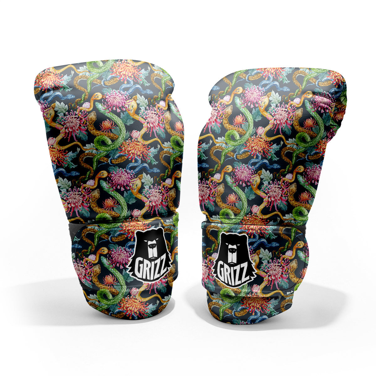 Watercolor Snake Chrysanthemum Flowers Print Pattern Pro Boxing Glove