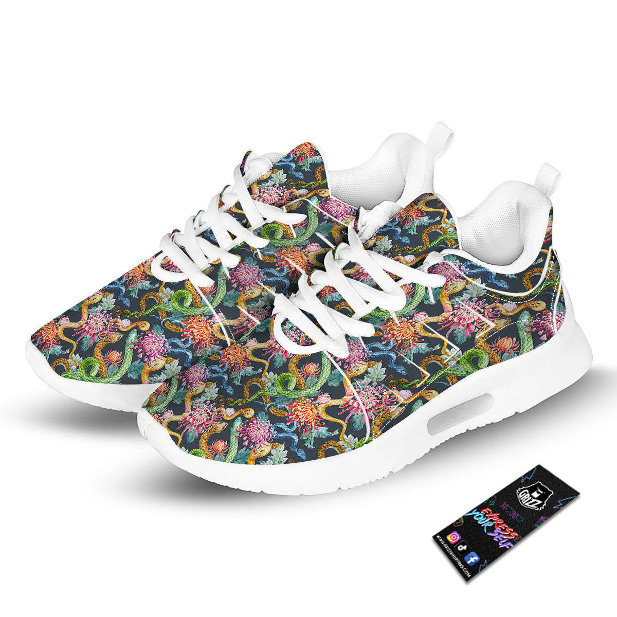 Watercolor Snake Chrysanthemum Flowers Print Pattern Tennis Shoes-grizzshop