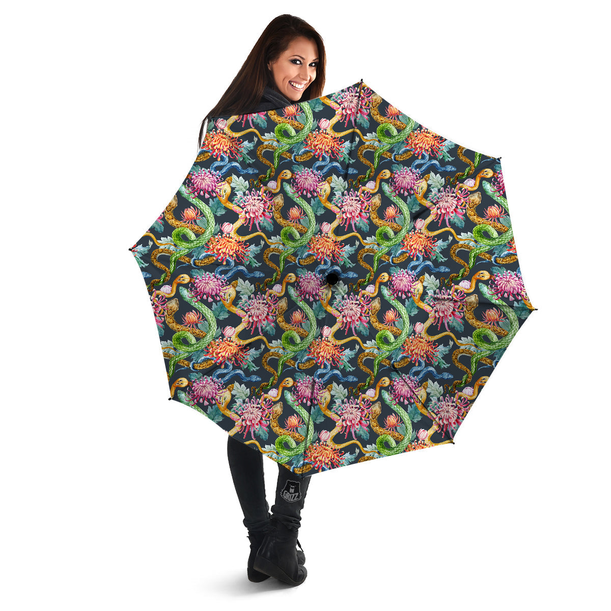 Watercolor Snake Chrysanthemum Flowers Print Pattern Umbrella-grizzshop