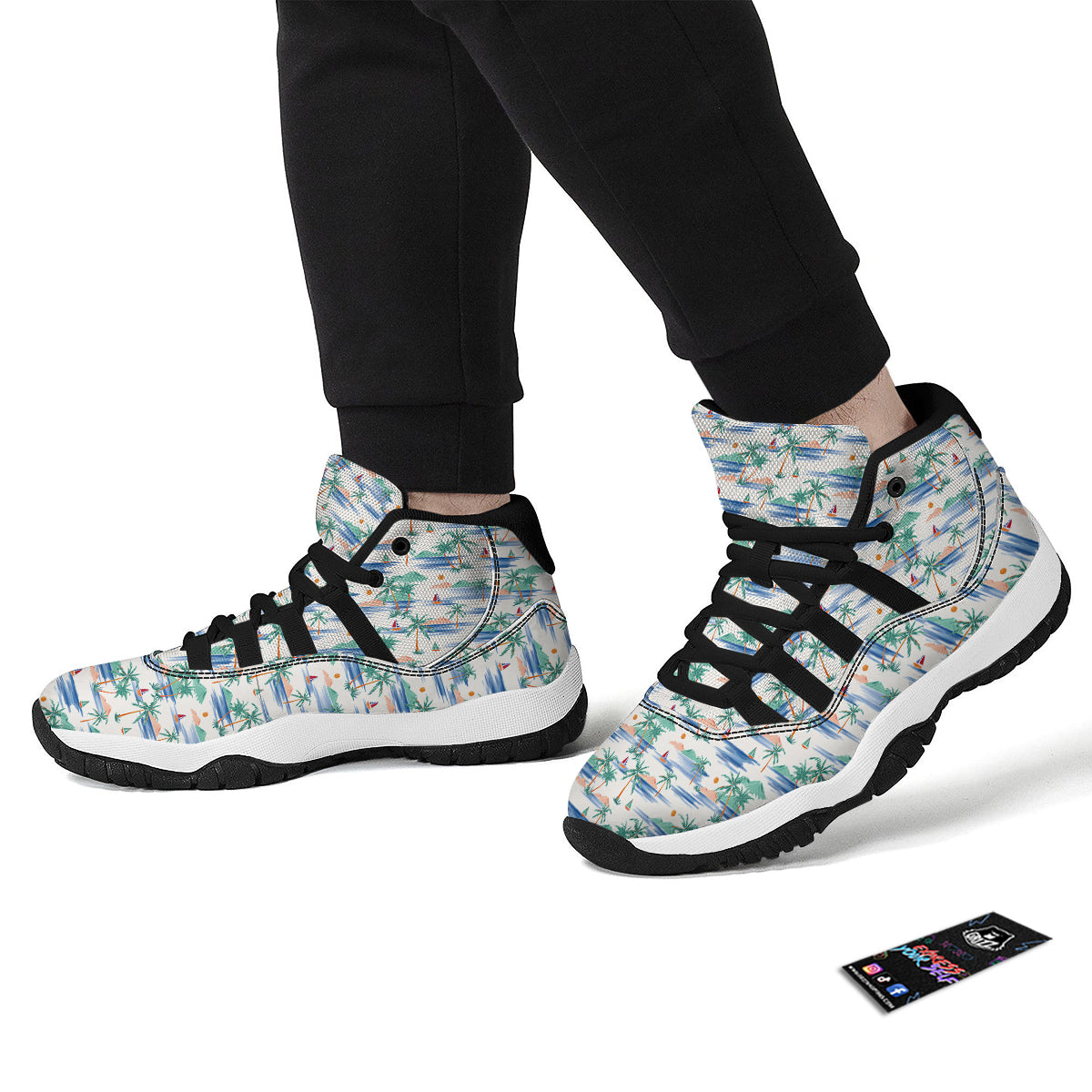 Watercolor Summer Island Palm Tree Print Pattern Black Bball Shoes-grizzshop