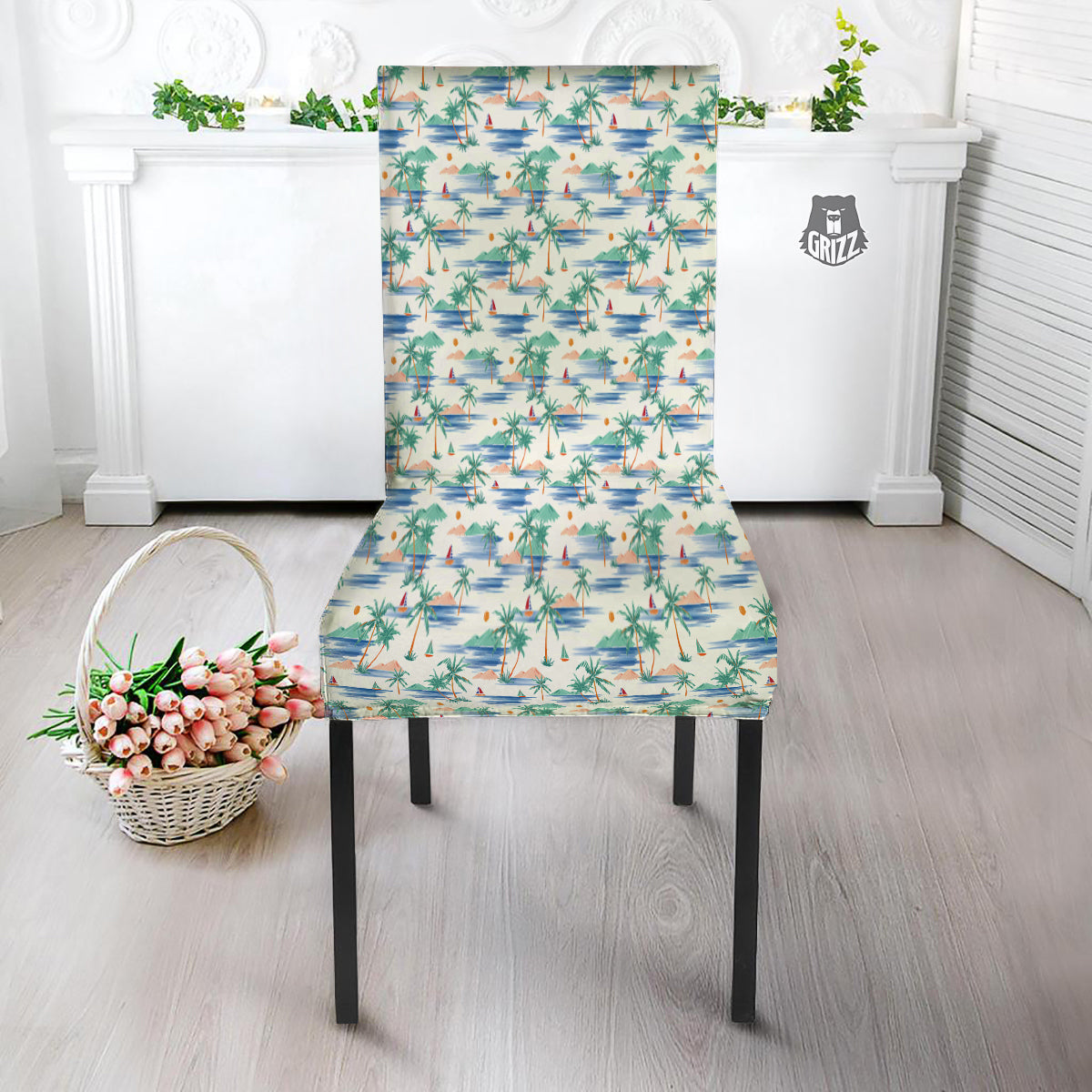 Watercolor Summer Island Palm Tree Print Pattern Dining Chair Slipcover-grizzshop