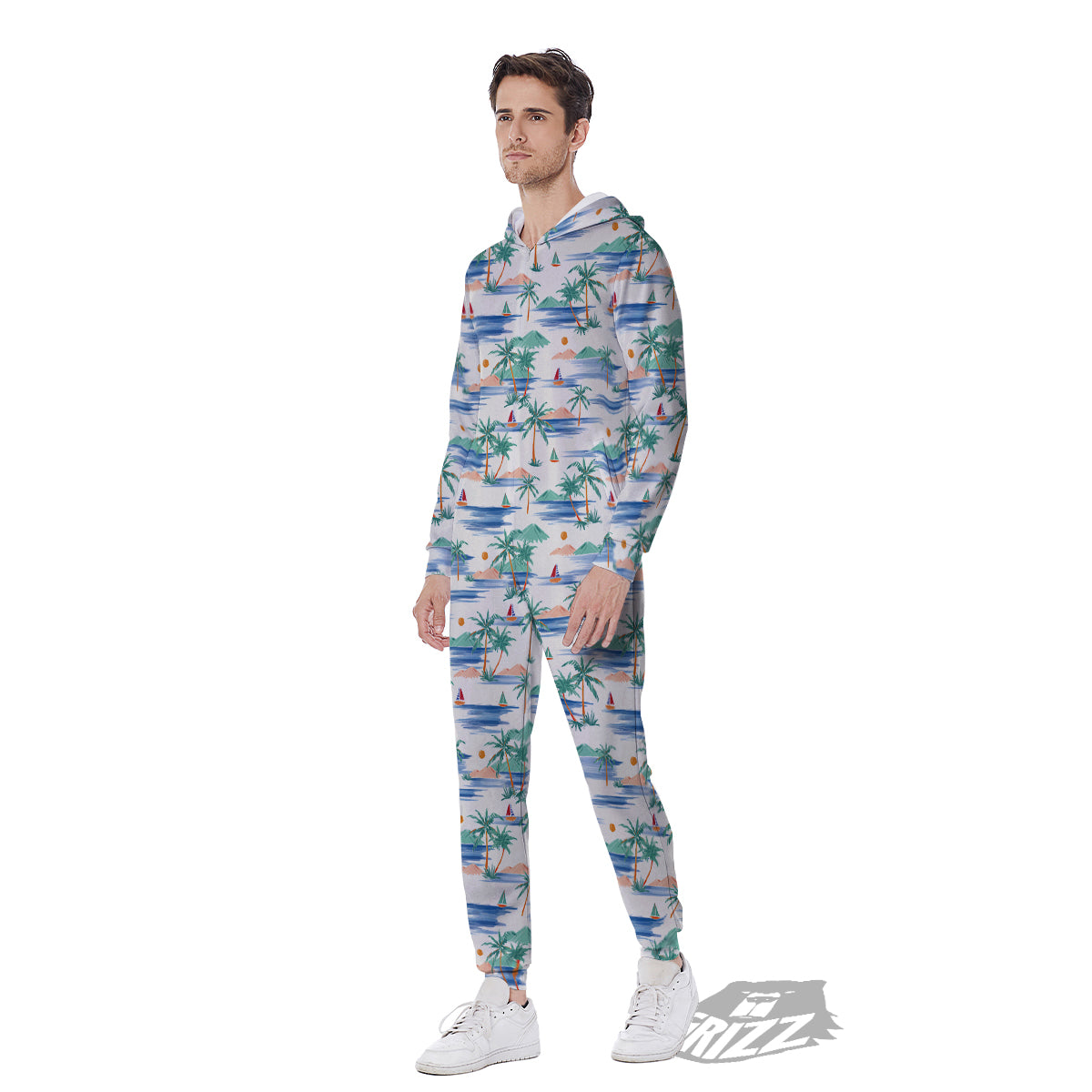 Watercolor Summer Island Palm Tree Print Pattern Men's Jumpsuit-grizzshop