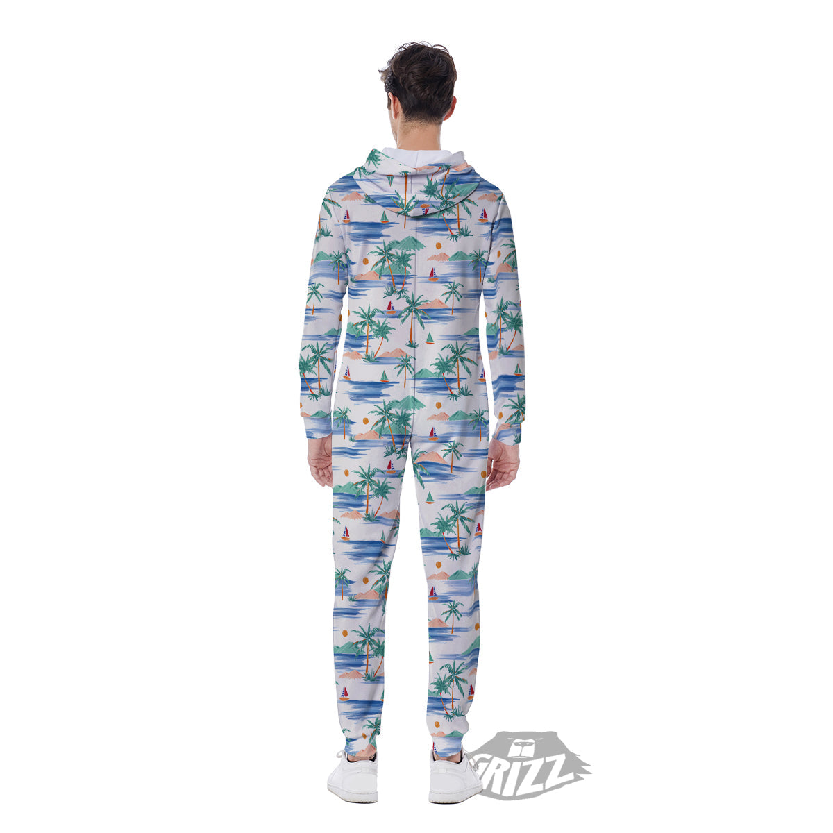 Watercolor Summer Island Palm Tree Print Pattern Men's Jumpsuit-grizzshop
