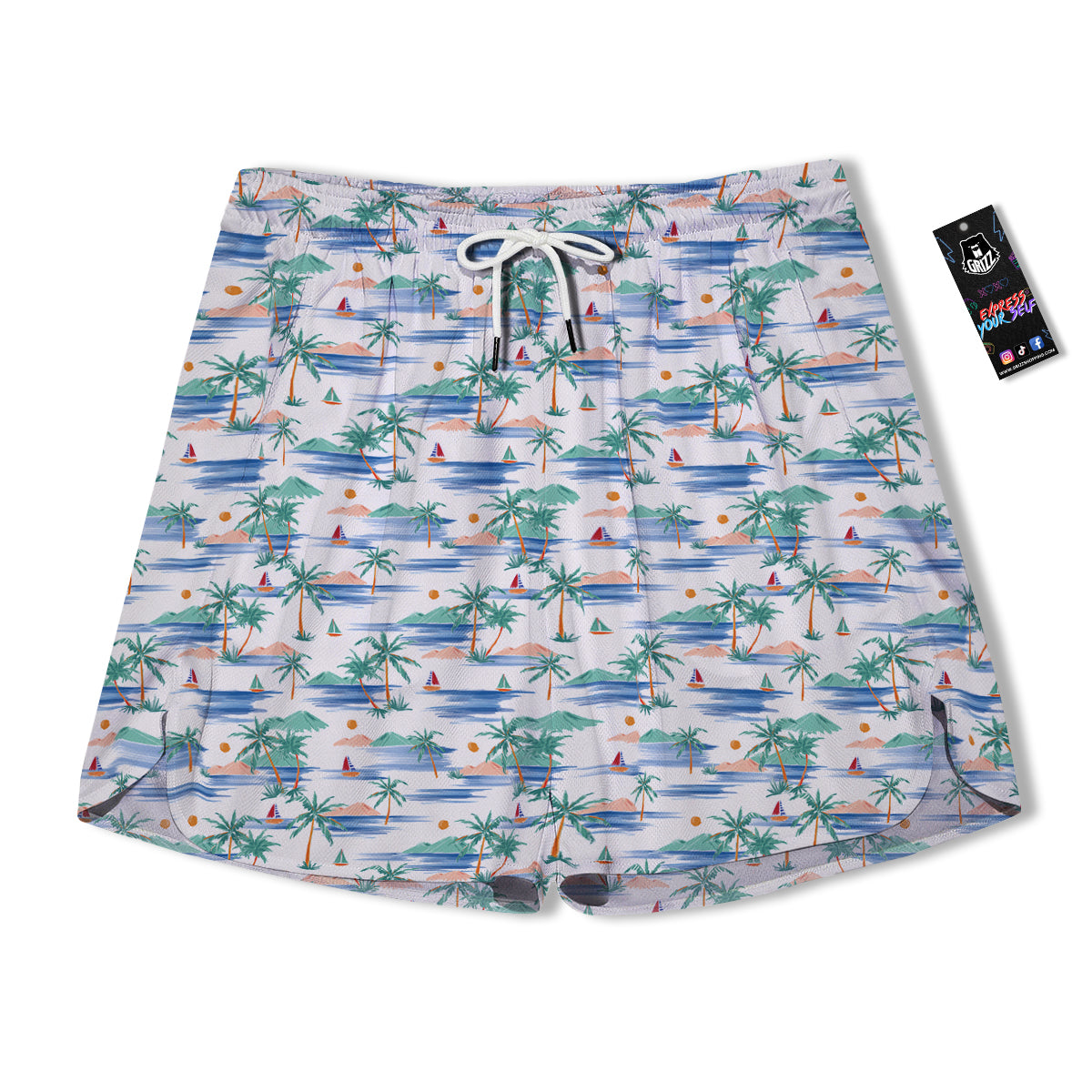 Watercolor Summer Island Palm Tree Print Pattern Men's Running Shorts-grizzshop