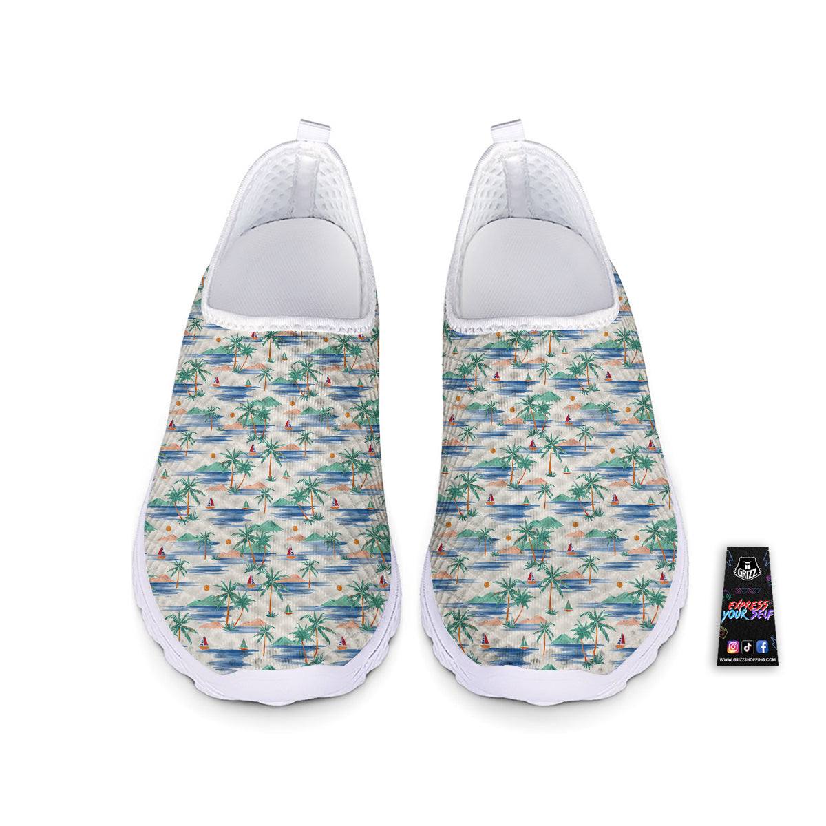Watercolor Summer Island Palm Tree Print Pattern Nurse Shoes-grizzshop