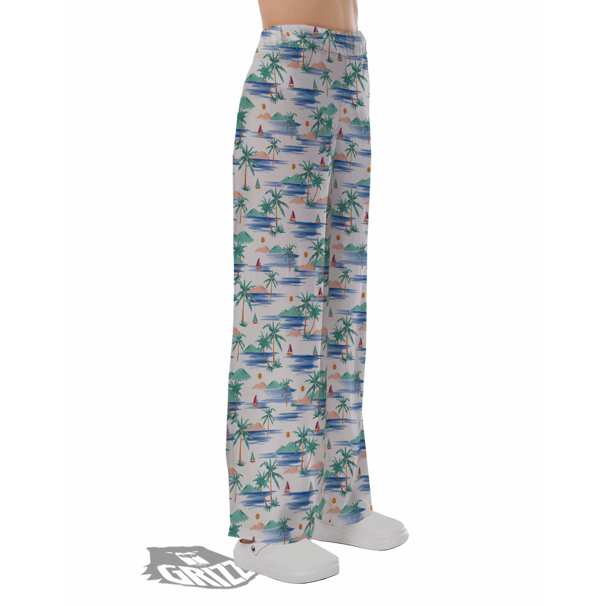Watercolor Summer Island Palm Tree Print Pattern Pajama Pants-grizzshop