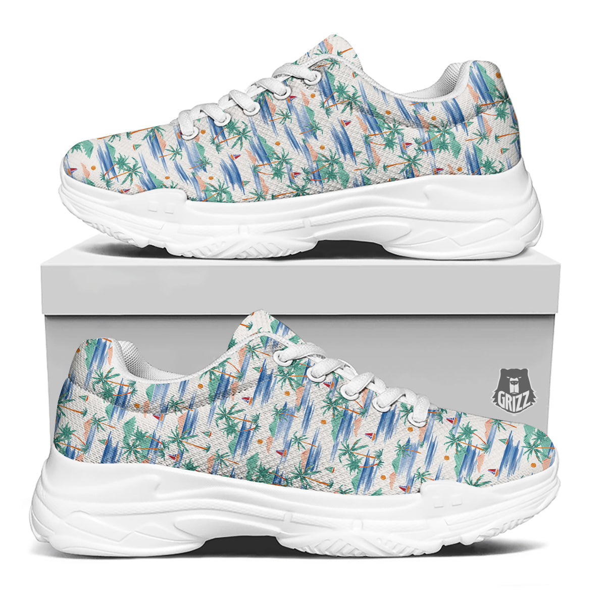 Watercolor Summer Island Palm Tree Print Pattern White Chunky Shoes-grizzshop