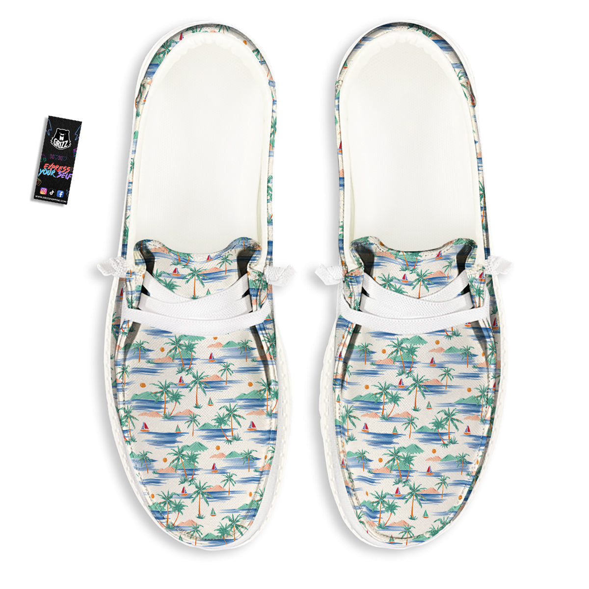 Watercolor Summer Island Palm Tree Print Pattern White Loafers-grizzshop