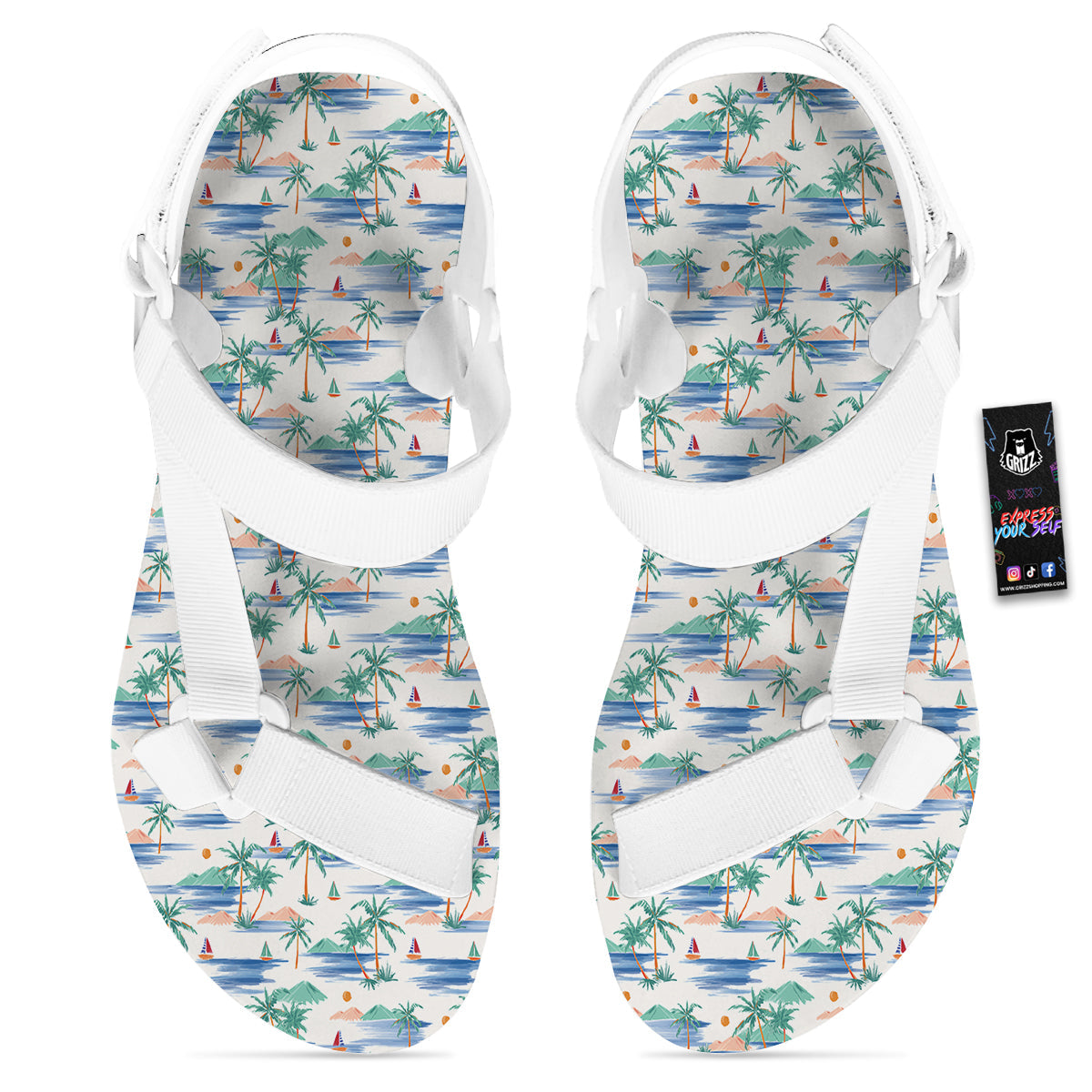 Watercolor Summer Island Palm Tree Print Pattern White Open Toe Sandals-grizzshop