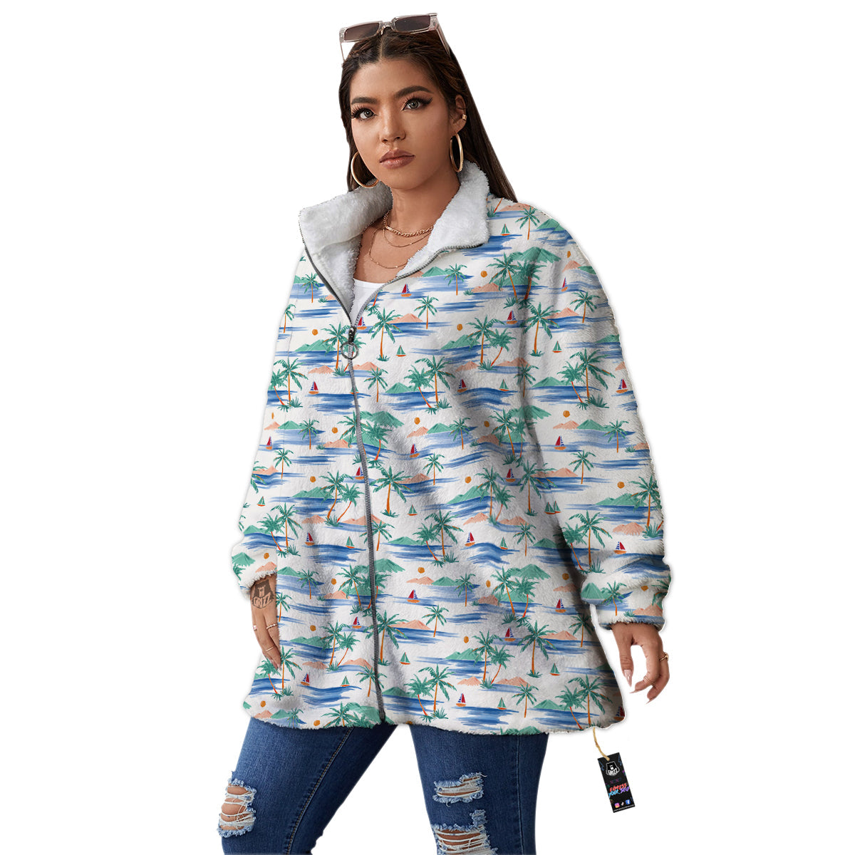 Watercolor Summer Island Palm Tree Print Pattern Women's Sherpa Jacket-grizzshop