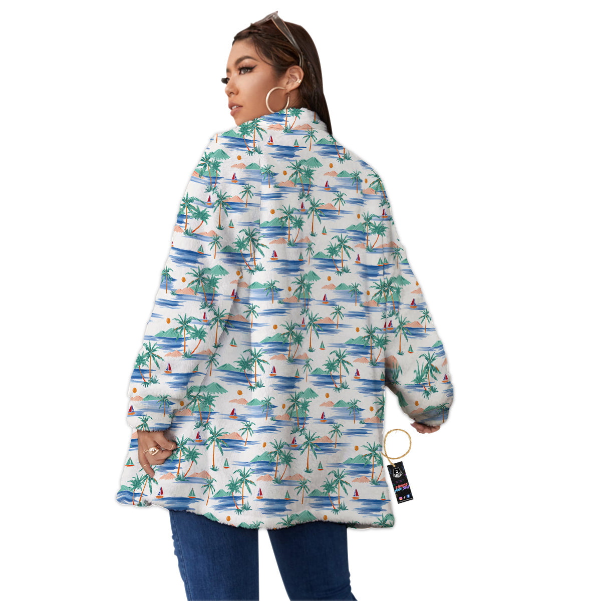 Watercolor Summer Island Palm Tree Print Pattern Women's Sherpa Jacket-grizzshop