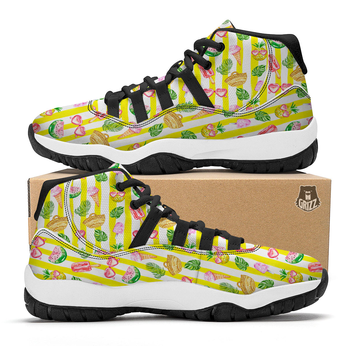 Watercolor Summer Yellow Stripe Print Pattern Black Bball Shoes-grizzshop