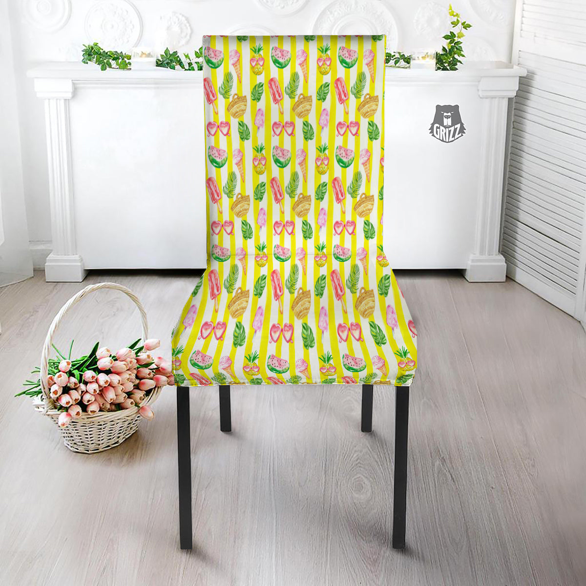 Watercolor Summer Yellow Stripe Print Pattern Dining Chair Slipcover-grizzshop