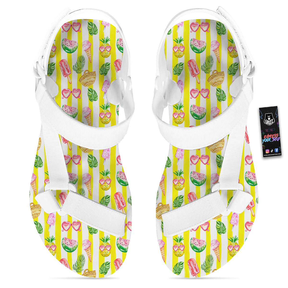 Watercolor Summer Yellow Stripe Print Pattern White Open Toe Sandals-grizzshop