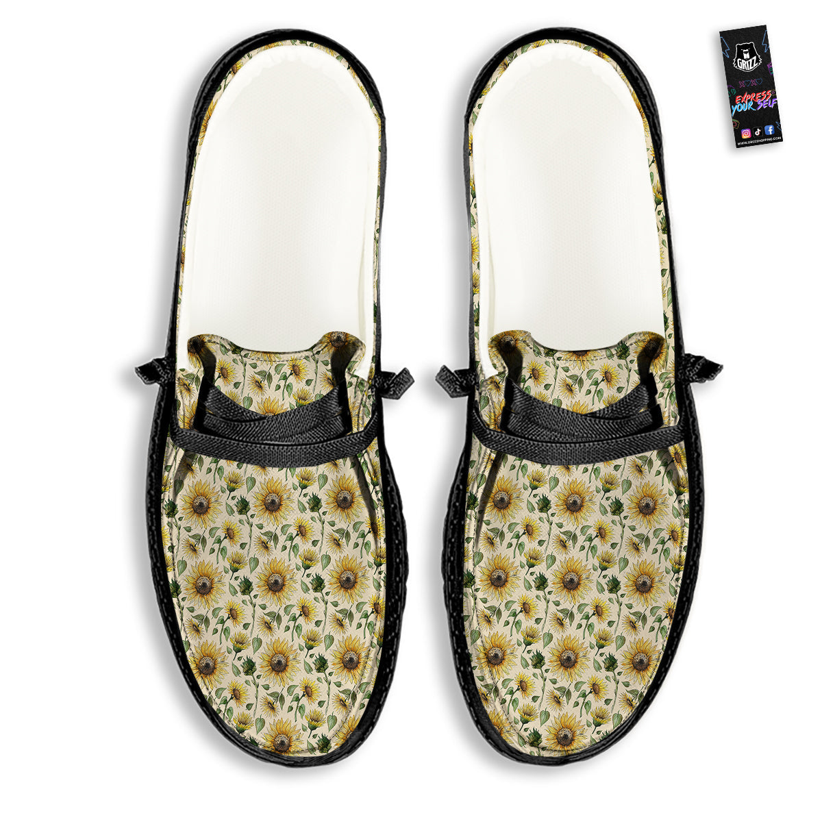 Watercolor Sunflower Beige Print Pattern Black Loafers-grizzshop