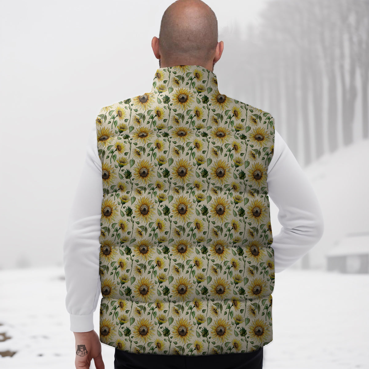 Watercolor Sunflower Beige Print Pattern Down Vest