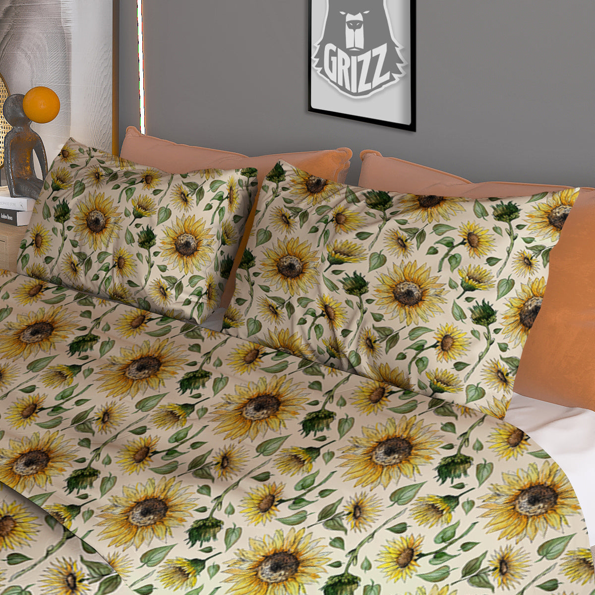 Watercolor Sunflower Beige Print Pattern Duvet Cover Bedding Set