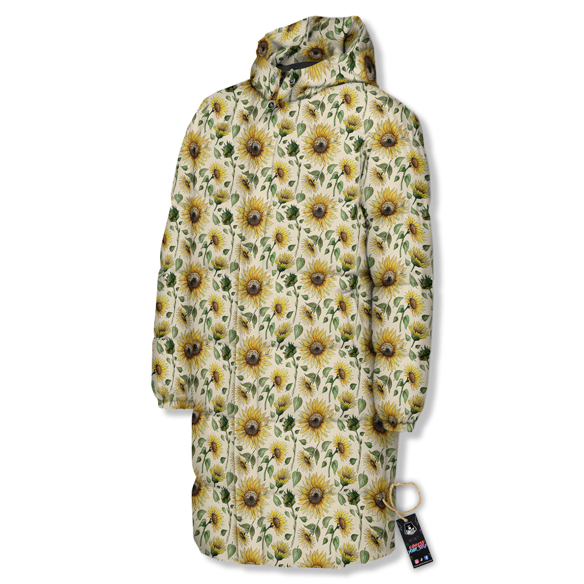 Watercolor Sunflower Beige Print Pattern Long Down Jacket-grizzshop