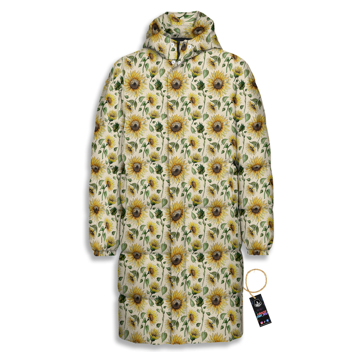 Watercolor Sunflower Beige Print Pattern Long Down Jacket-grizzshop