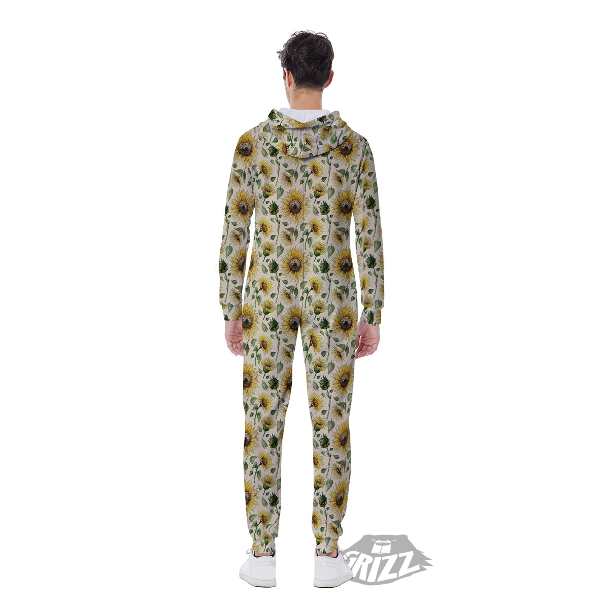 Watercolor Sunflower Beige Print Pattern Men's Jumpsuit-grizzshop