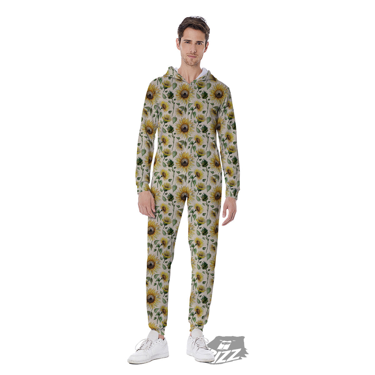 Watercolor Sunflower Beige Print Pattern Men's Jumpsuit-grizzshop