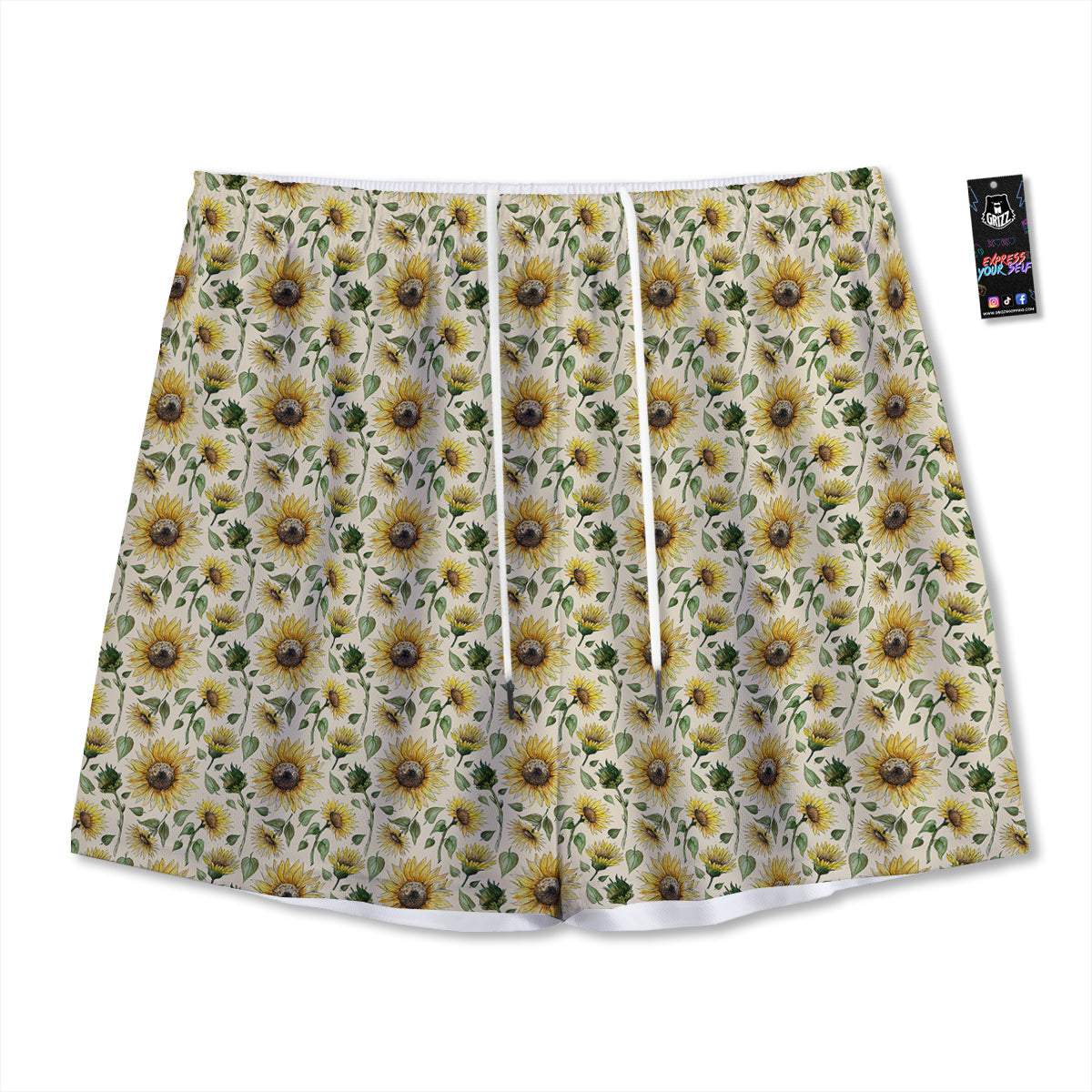 Watercolor Sunflower Beige Print Pattern Mesh Shorts-grizzshop