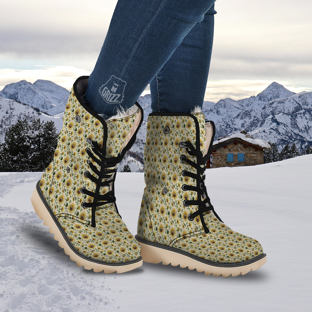 Watercolor Sunflower Beige Print Pattern Snow Boots-grizzshop