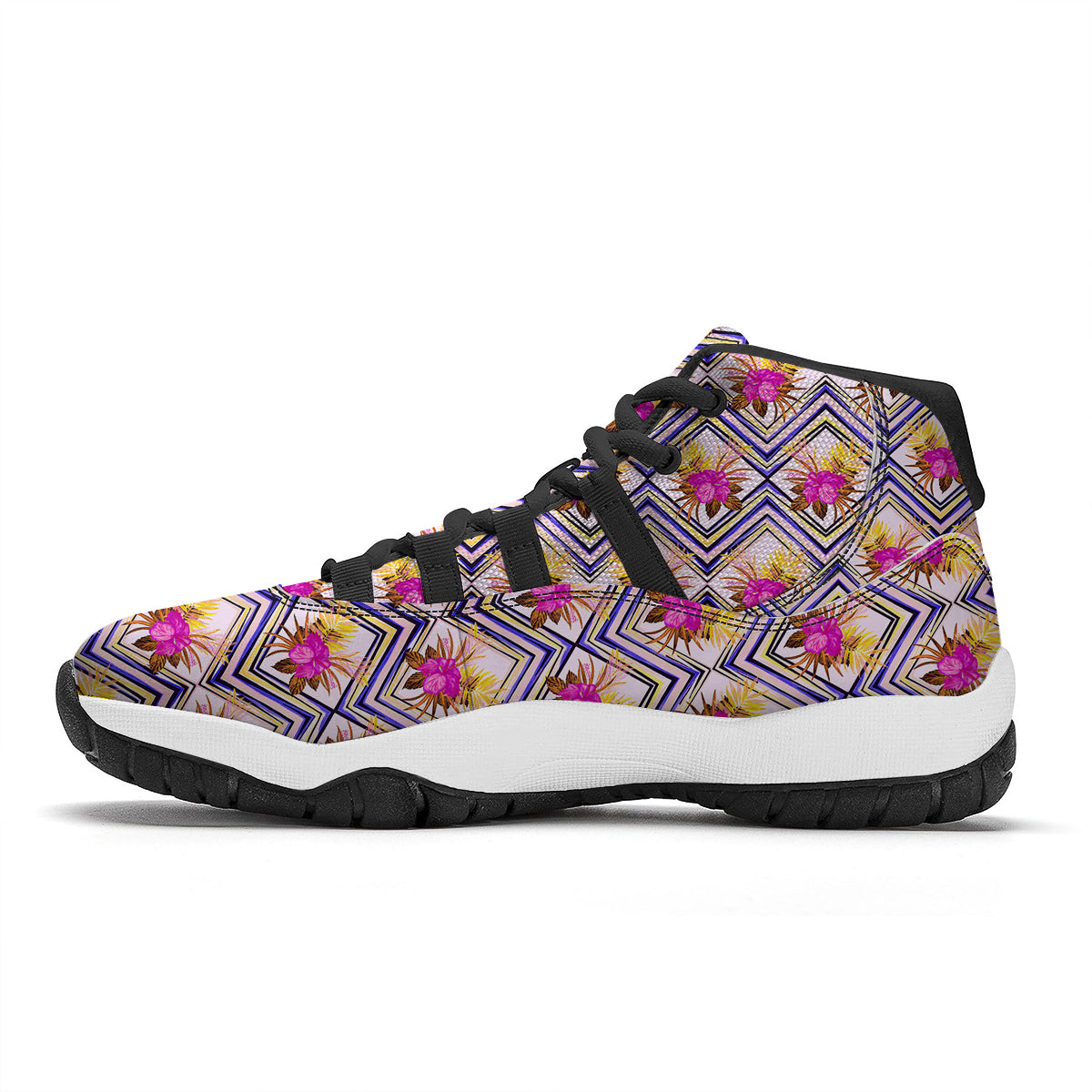 Watercolor Tropical Flower Zigzag Print Pattern Black Bball Shoes-grizzshop