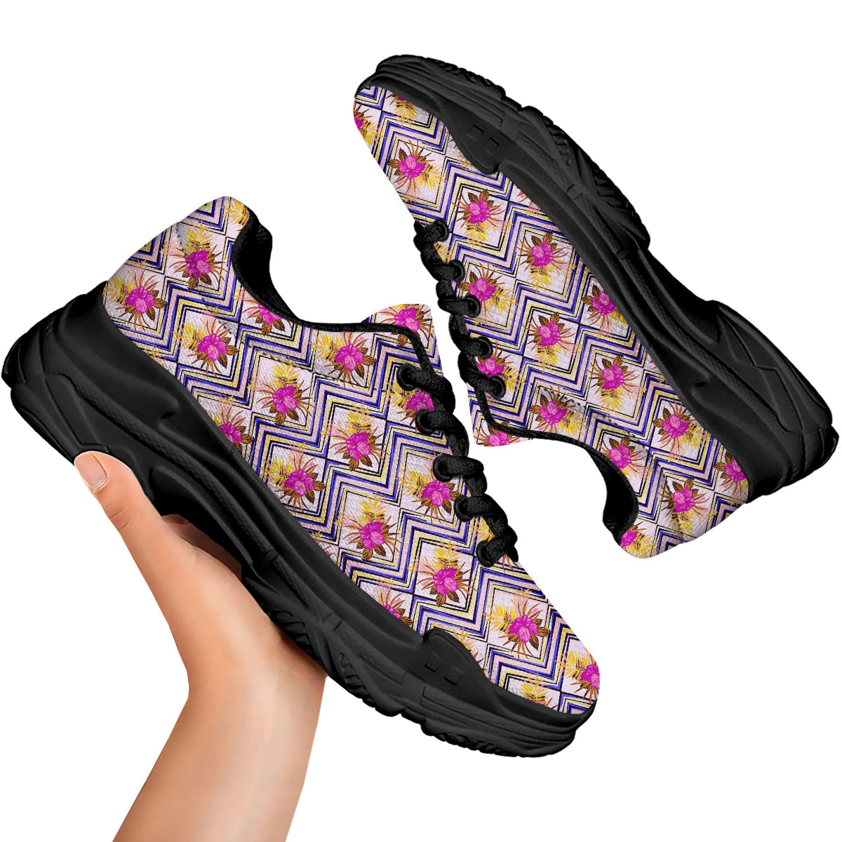 Watercolor Tropical Flower Zigzag Print Pattern Black Chunky Shoes-grizzshop