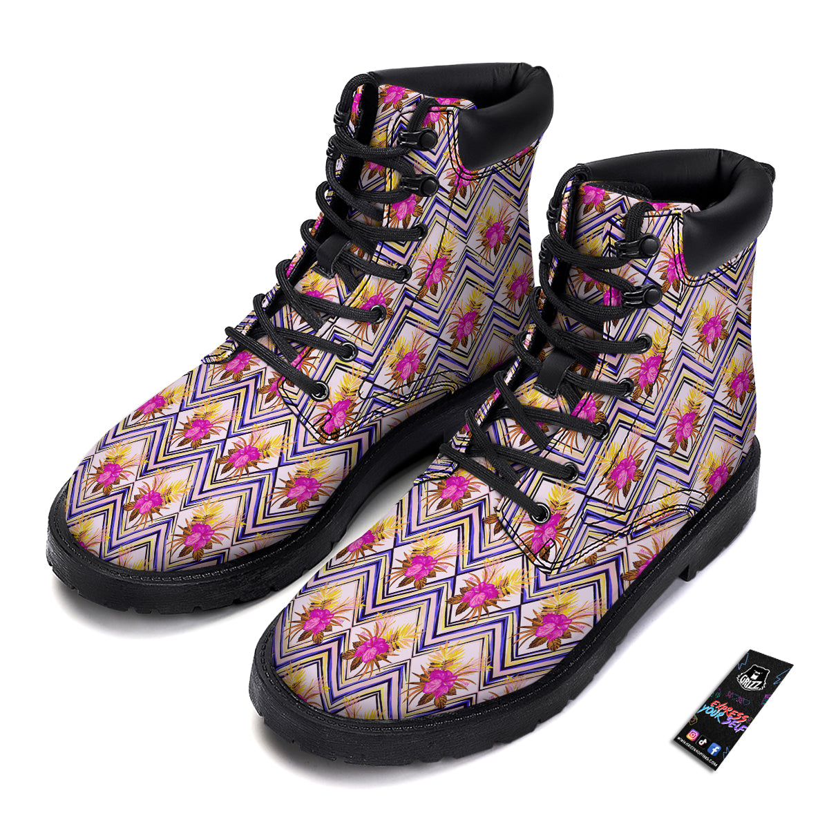 Watercolor Tropical Flower Zigzag Print Pattern Boots-grizzshop