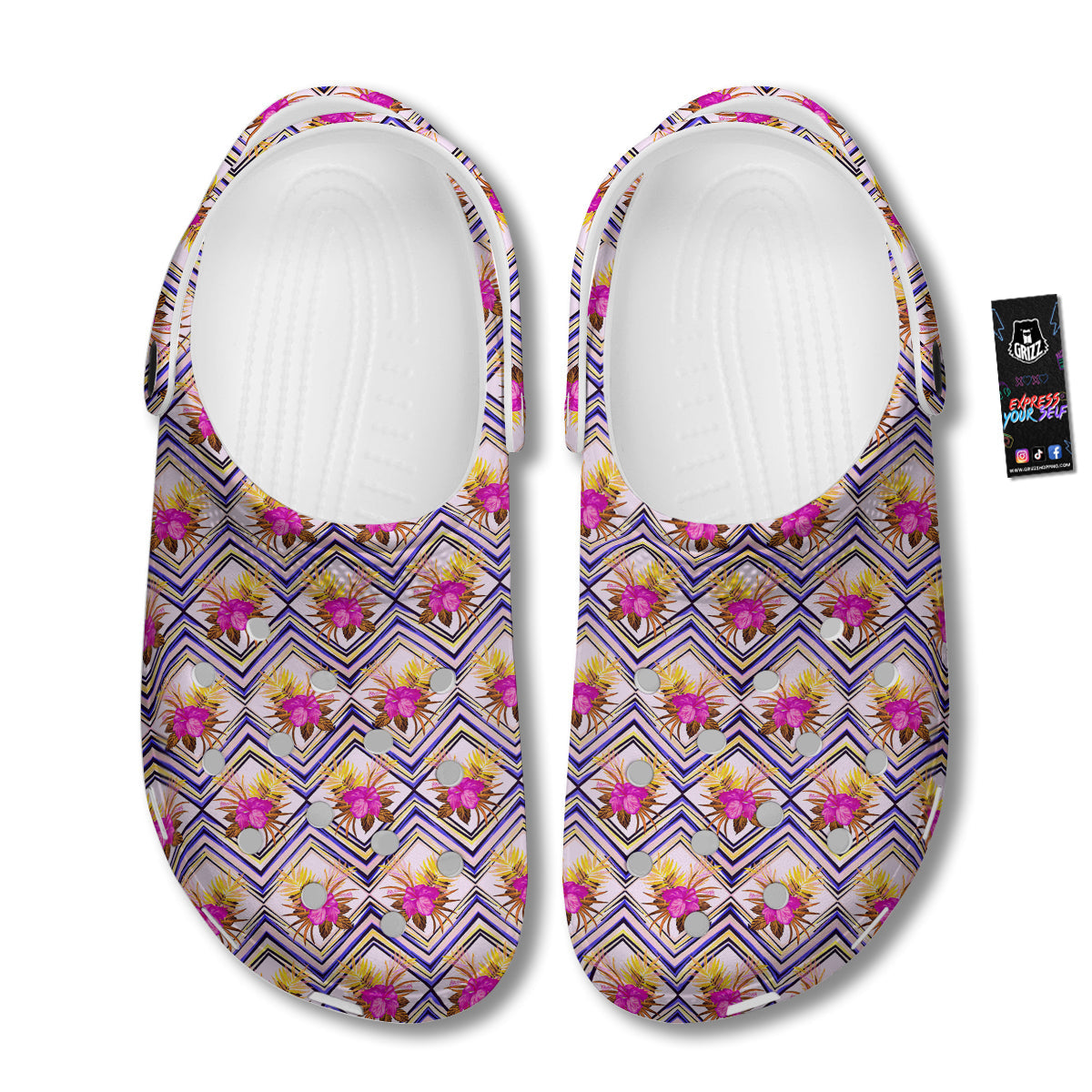 Watercolor Tropical Flower Zigzag Print Pattern Clog-grizzshop
