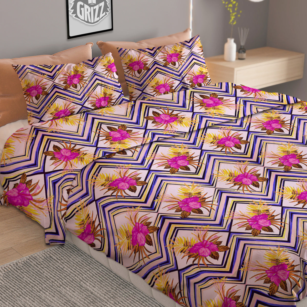 Watercolor Tropical Flower Zigzag Print Pattern Duvet Cover Bedding Set-grizzshop
