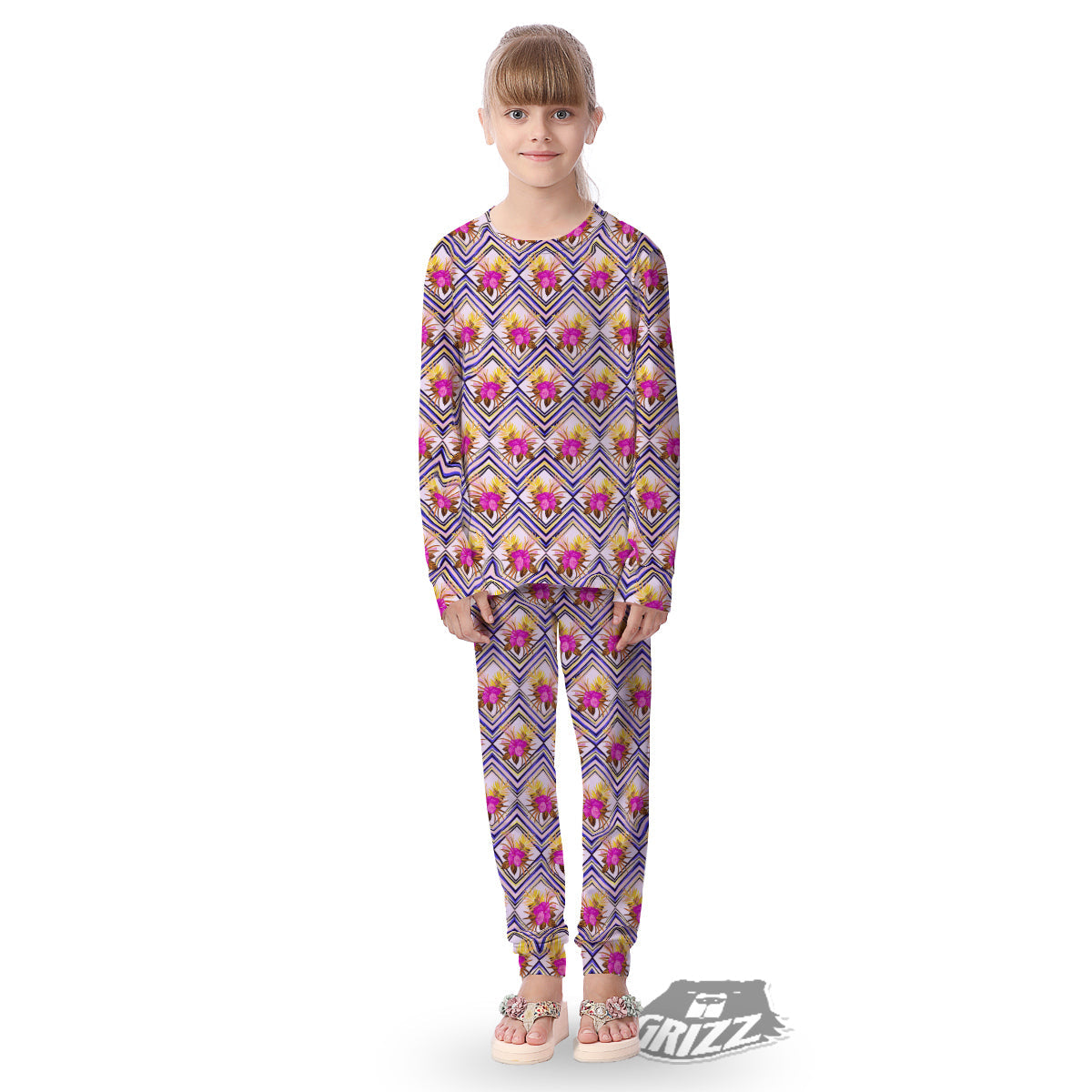 Watercolor Tropical Flower Zigzag Print Pattern Kid's Pajamas-grizzshop