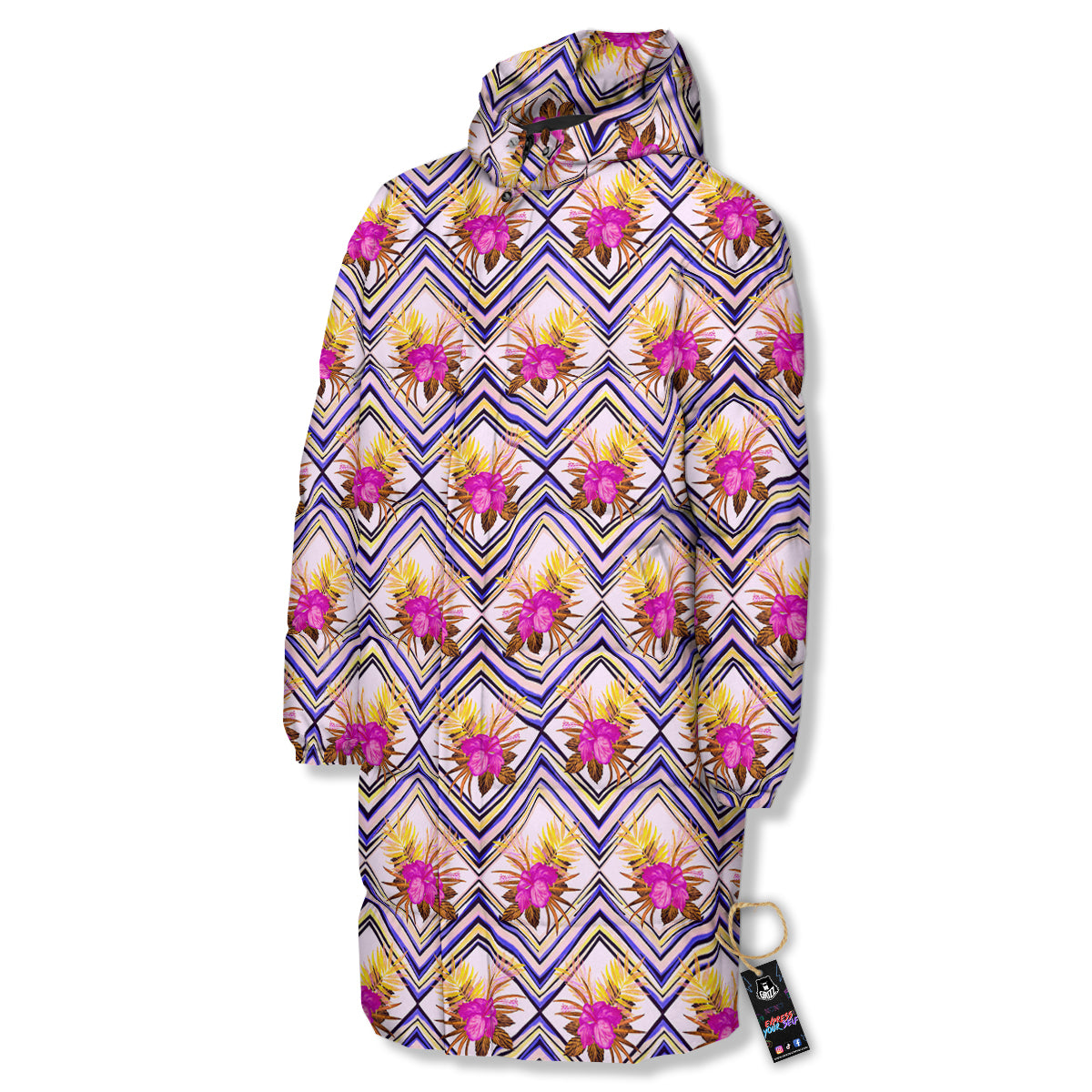 Watercolor Tropical Flower Zigzag Print Pattern Long Down Jacket-grizzshop