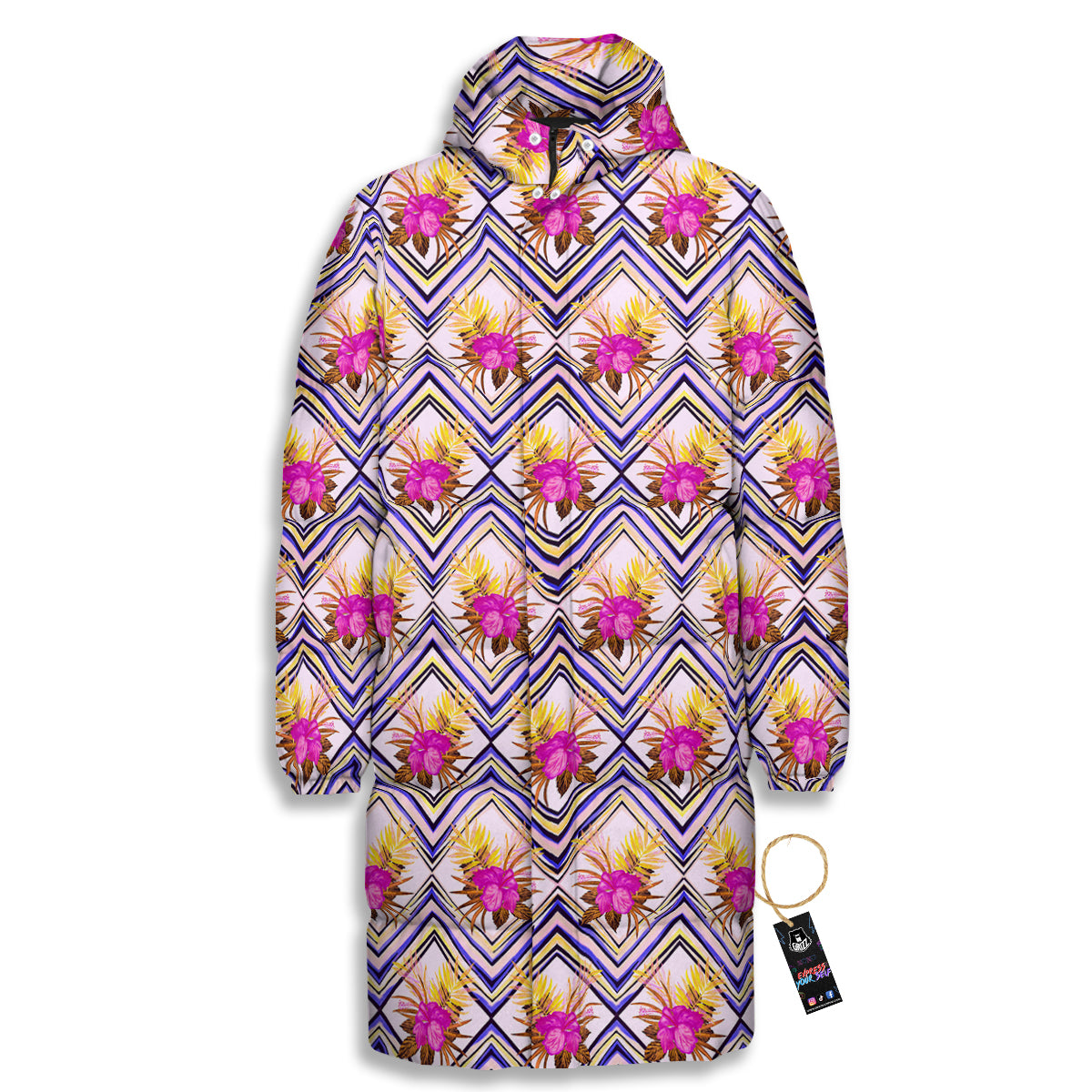 Watercolor Tropical Flower Zigzag Print Pattern Long Down Jacket-grizzshop