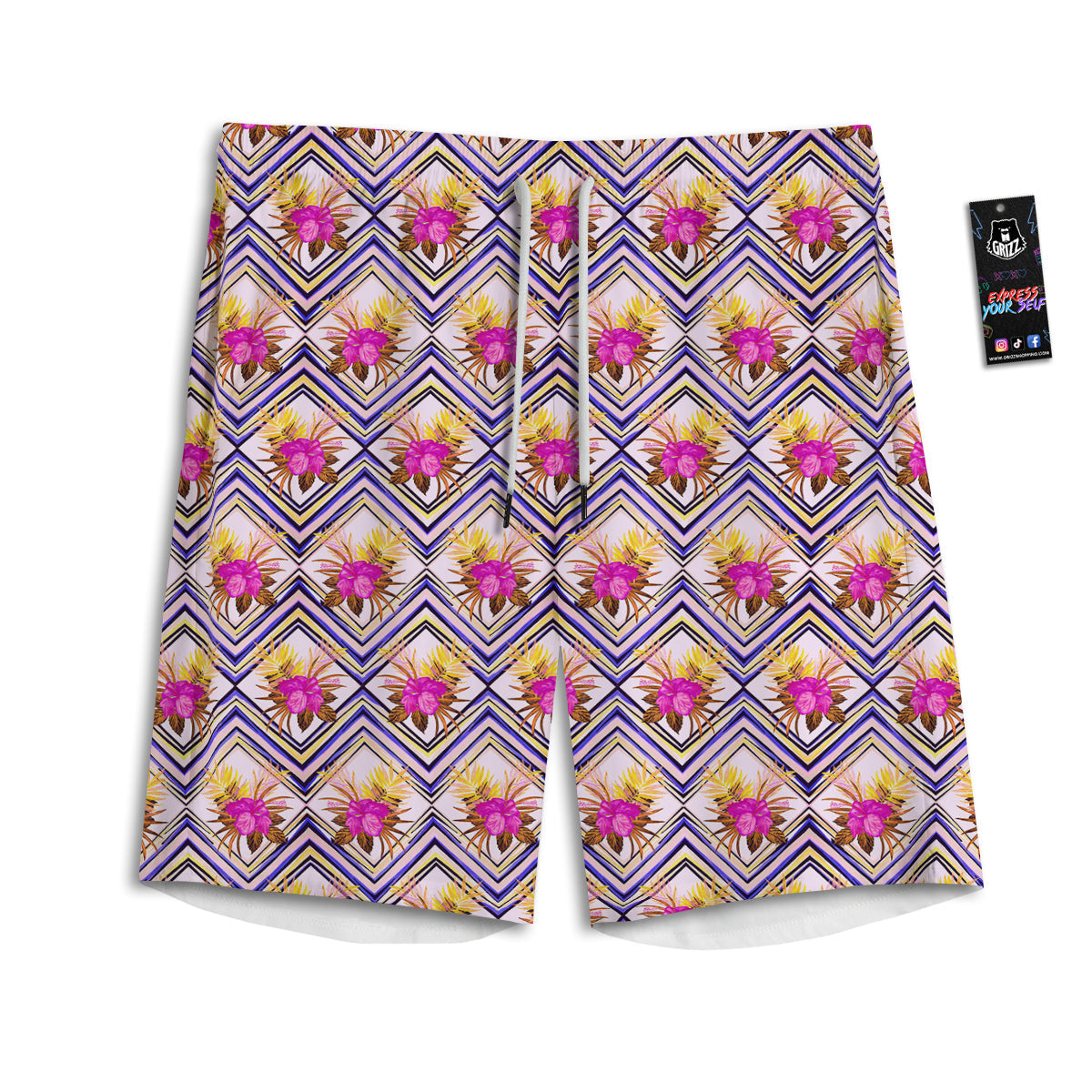 Watercolor Tropical Flower Zigzag Print Pattern Men's Athletic Shorts-grizzshop