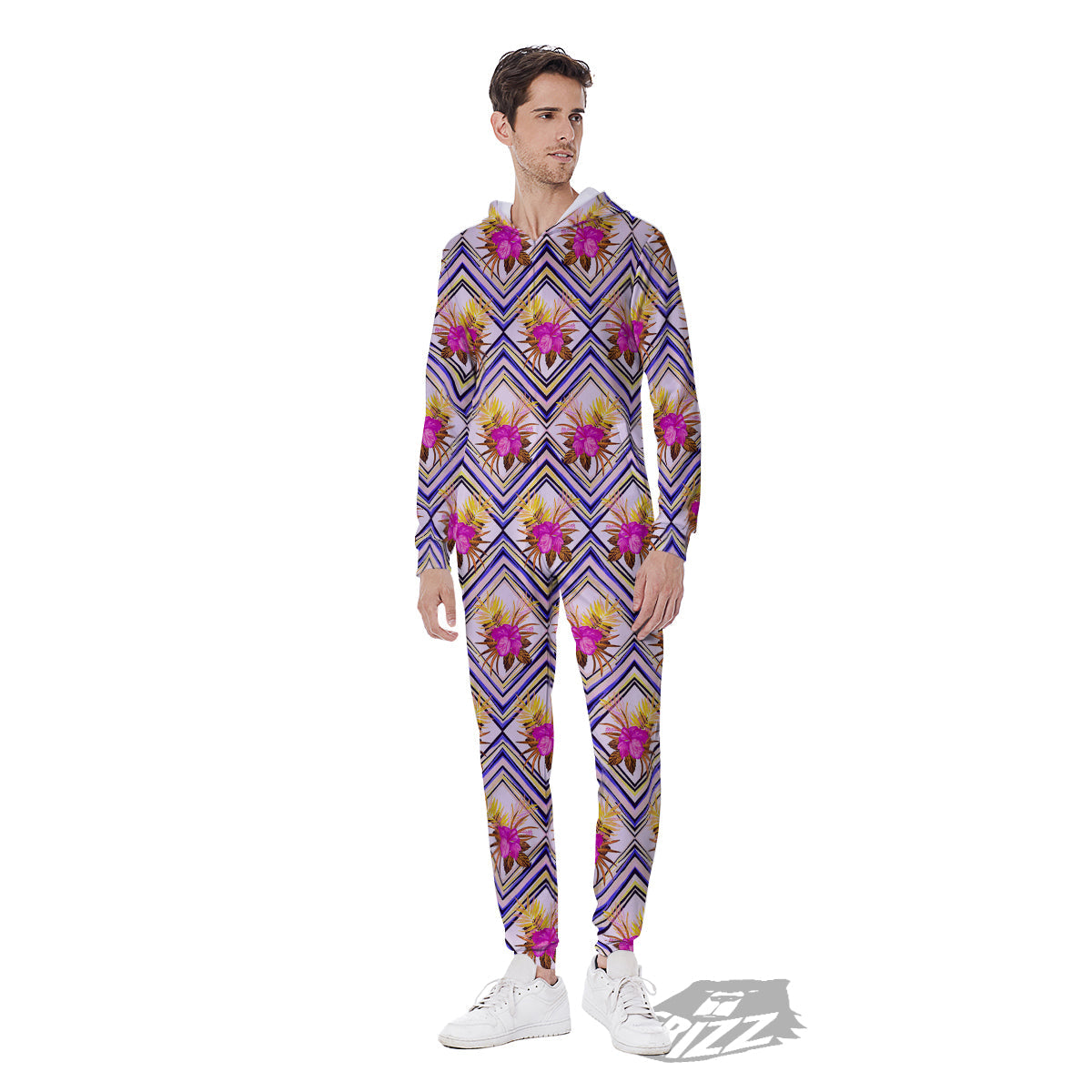 Watercolor Tropical Flower Zigzag Print Pattern Men's Jumpsuit-grizzshop